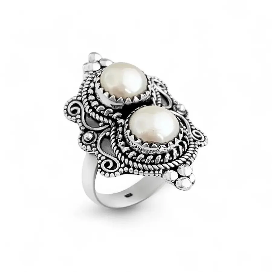 PEARL RING WITH TWO STONES, DROP SHAPED, size 7