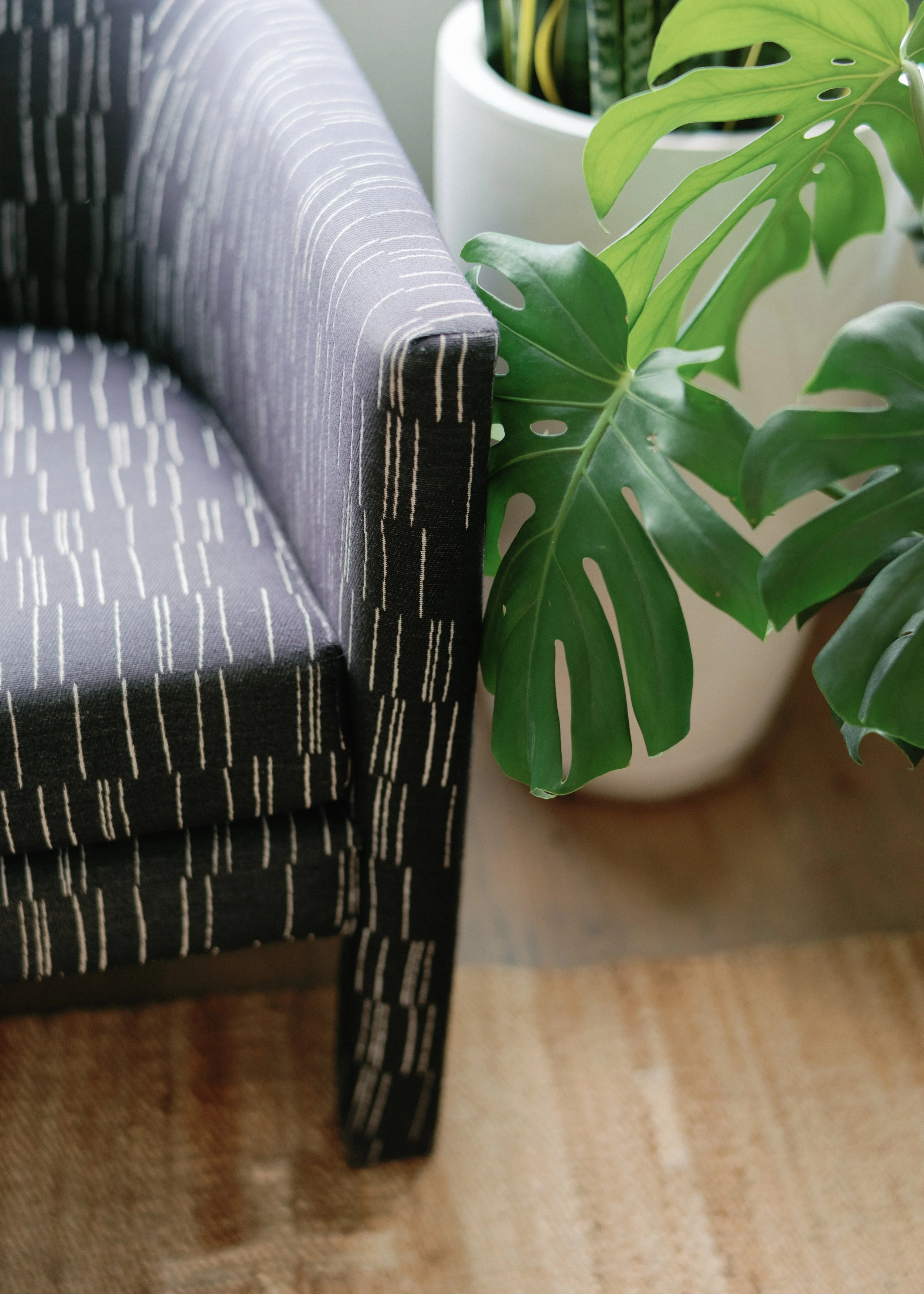 Close-up of a black upholstered chair with white linear patterns next to a potted green monstera plant on a wooden floor.