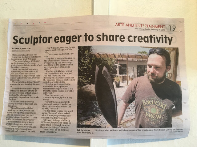 Matt Williams 'Void' Exhibition of sculpture opens 9th Feb. 2018 great article in Courier News paper