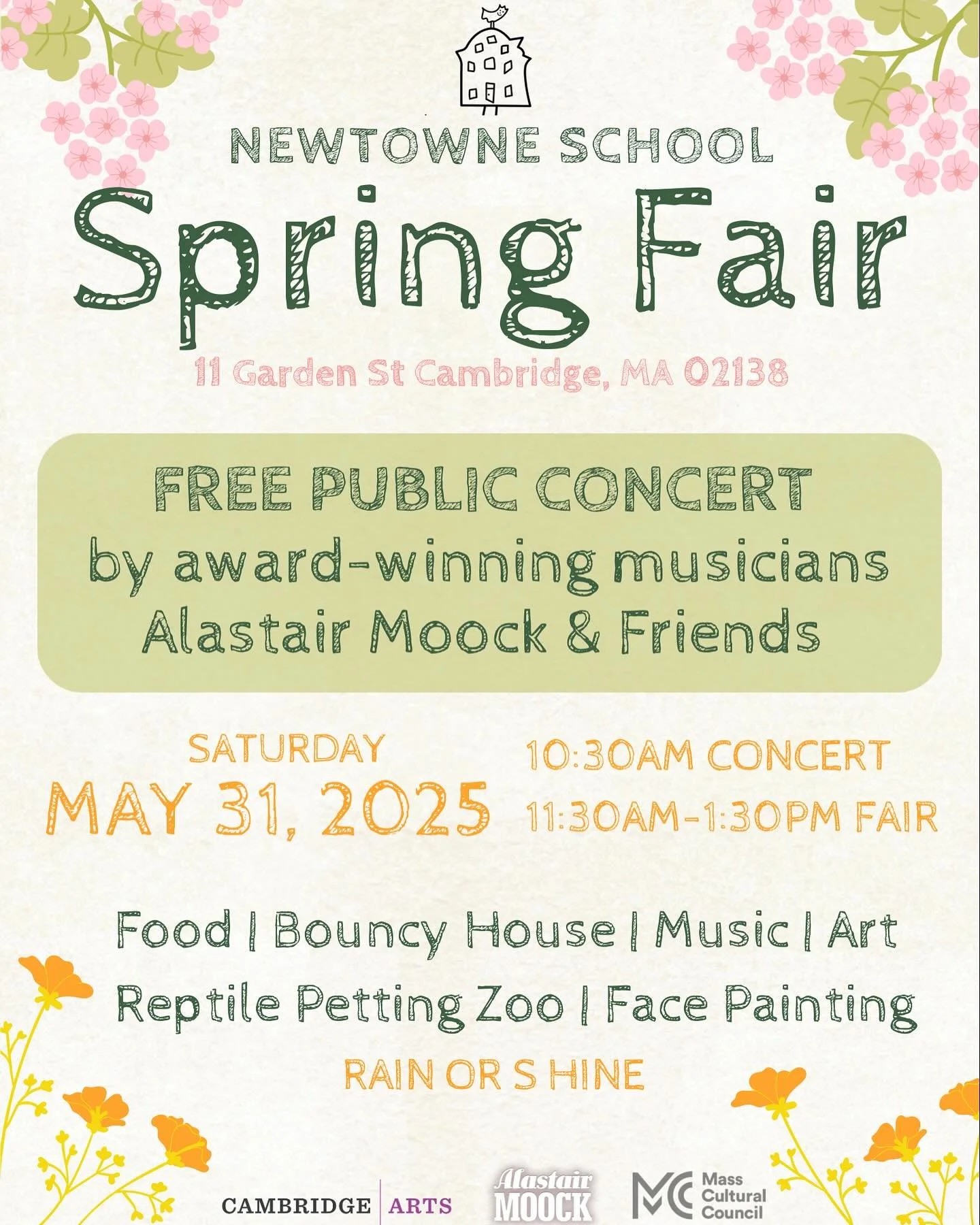 🌦️ HAPPENING RAIN OR SHINE! 🌦️

Join us Saturday, May 31 for a Newtowne favorite &mdash; our Spring Fair &amp; FREE Concert!

10:30 AM &ndash; Alastair Moock &amp; Friends
11:30 AM&ndash;1:30 PM &ndash; Spring Fair fun

Join us for food, music, art