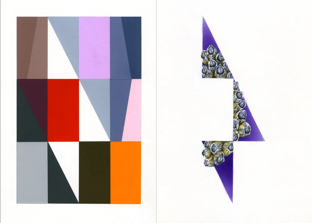 Untitled by Dan Tranberg (left), 12” x 9”, gouache on paper, 2017 Fool’s Errand #1 (right), 12” x 9”, gouache & ink on paper, 2018