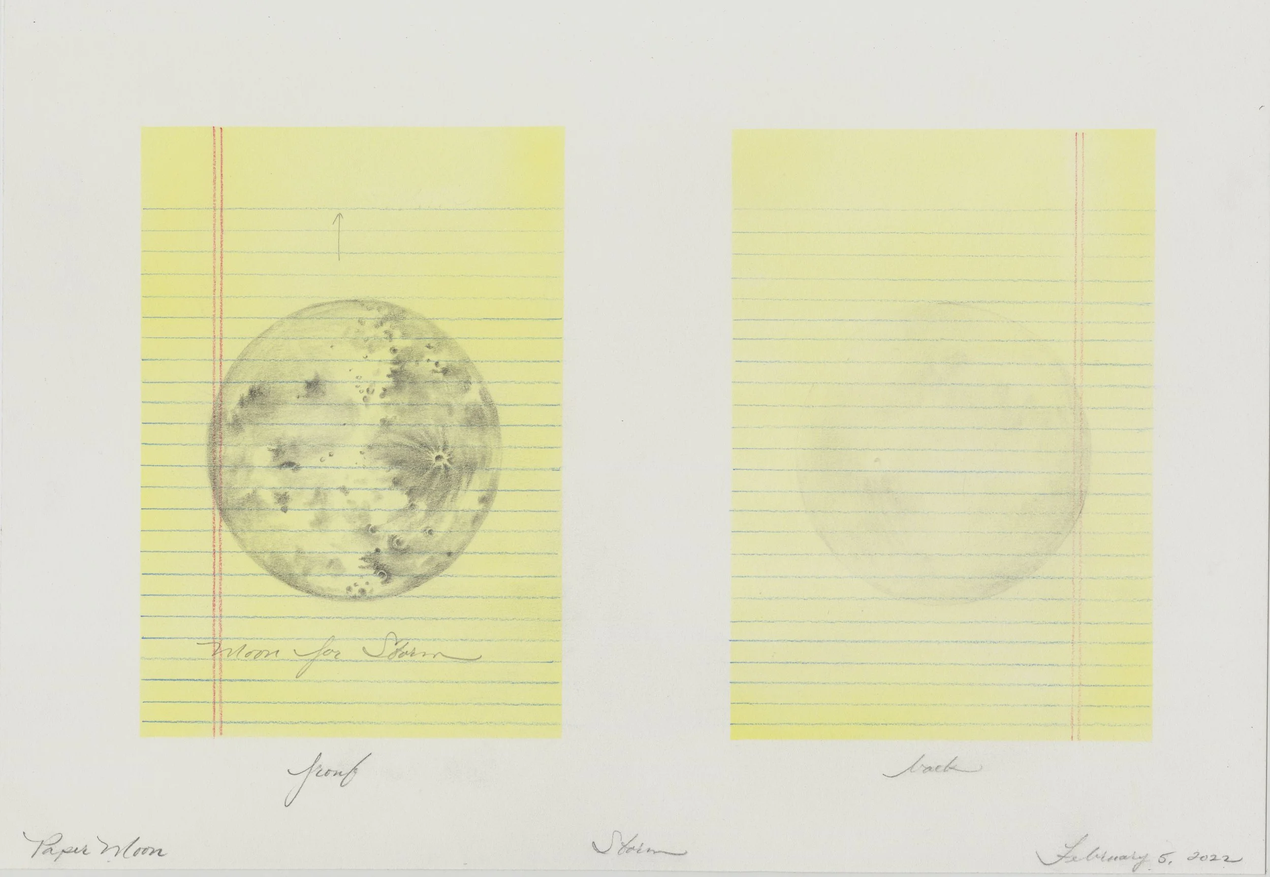 Paper Moon, Front & Back (Storm), acrylic & graphite on paper, 10 1/4” x 19 1/2”, 2022