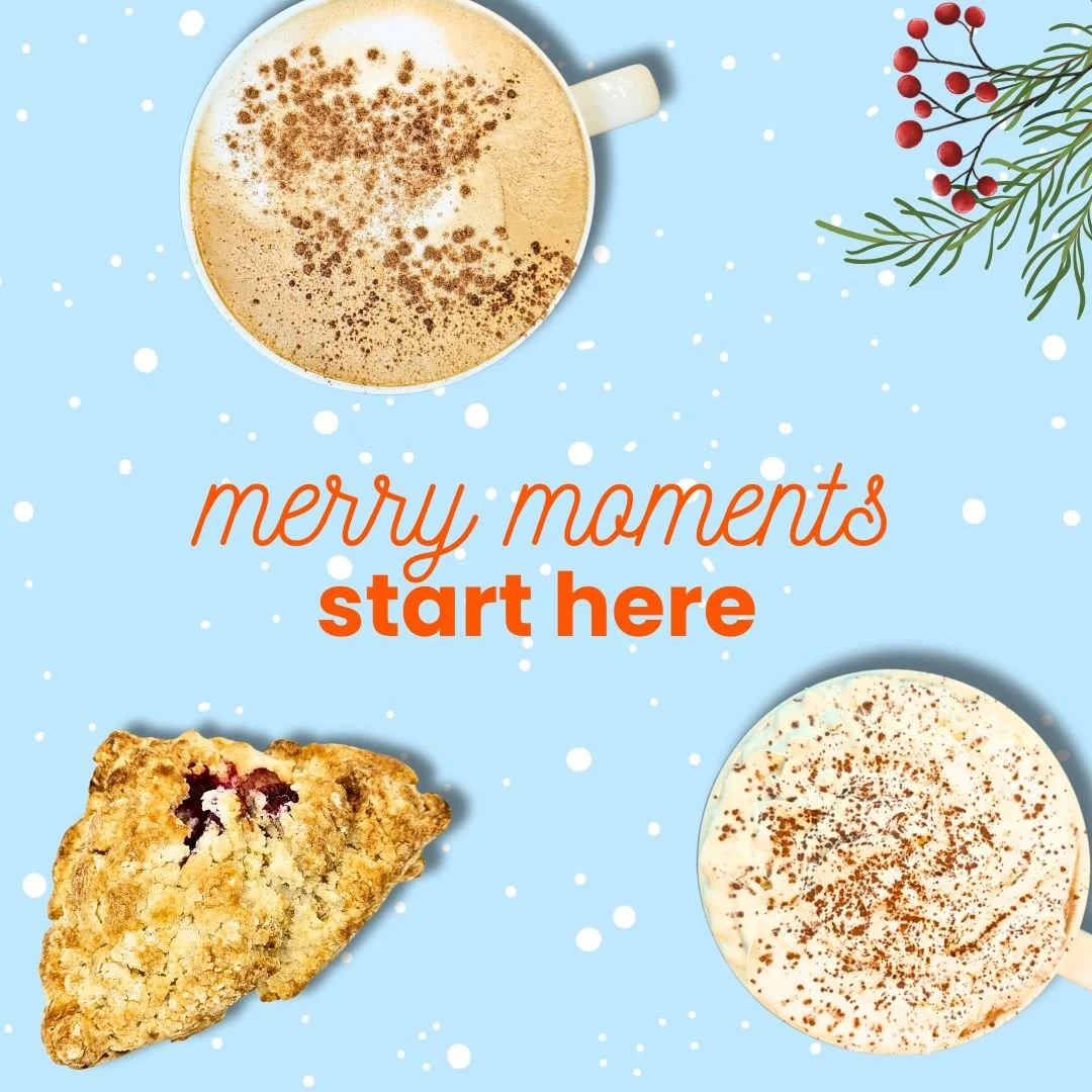 Hello December! Have a merry moment with our holiday seasonal items. Try a Peppermint Mocha, Egg Nog Latte or White Chocolate Cranberry Scone to get in the festive spirit! 🎄☕✨