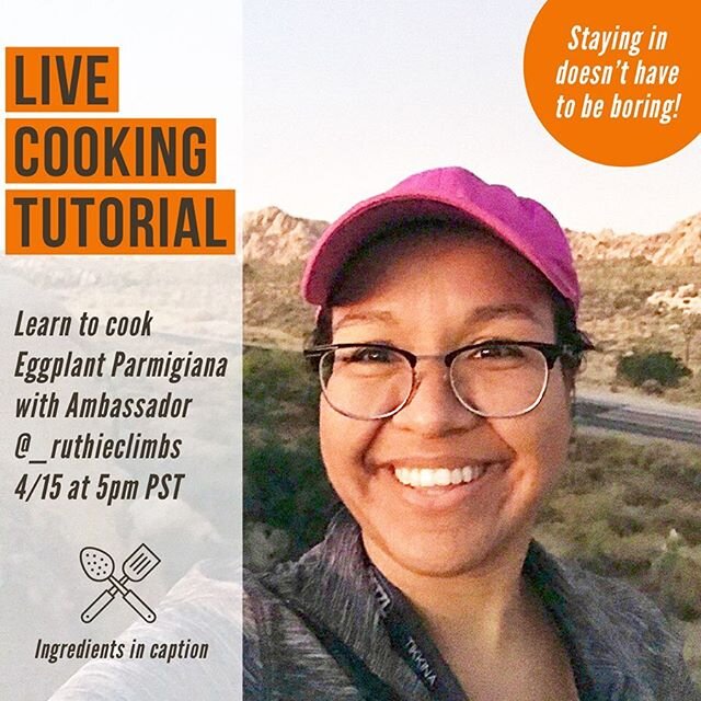 Who wants to learn how to whip up some Italian Eggplant Parmigiana with our Ambassador @_ruthieclimbs?! 🧑&zwj;🍳 Join Ruthie in the kitchen on Wednesday, April 15th at 5pm PST as she gives a live cooking tutorial of her family&rsquo;s traditional re