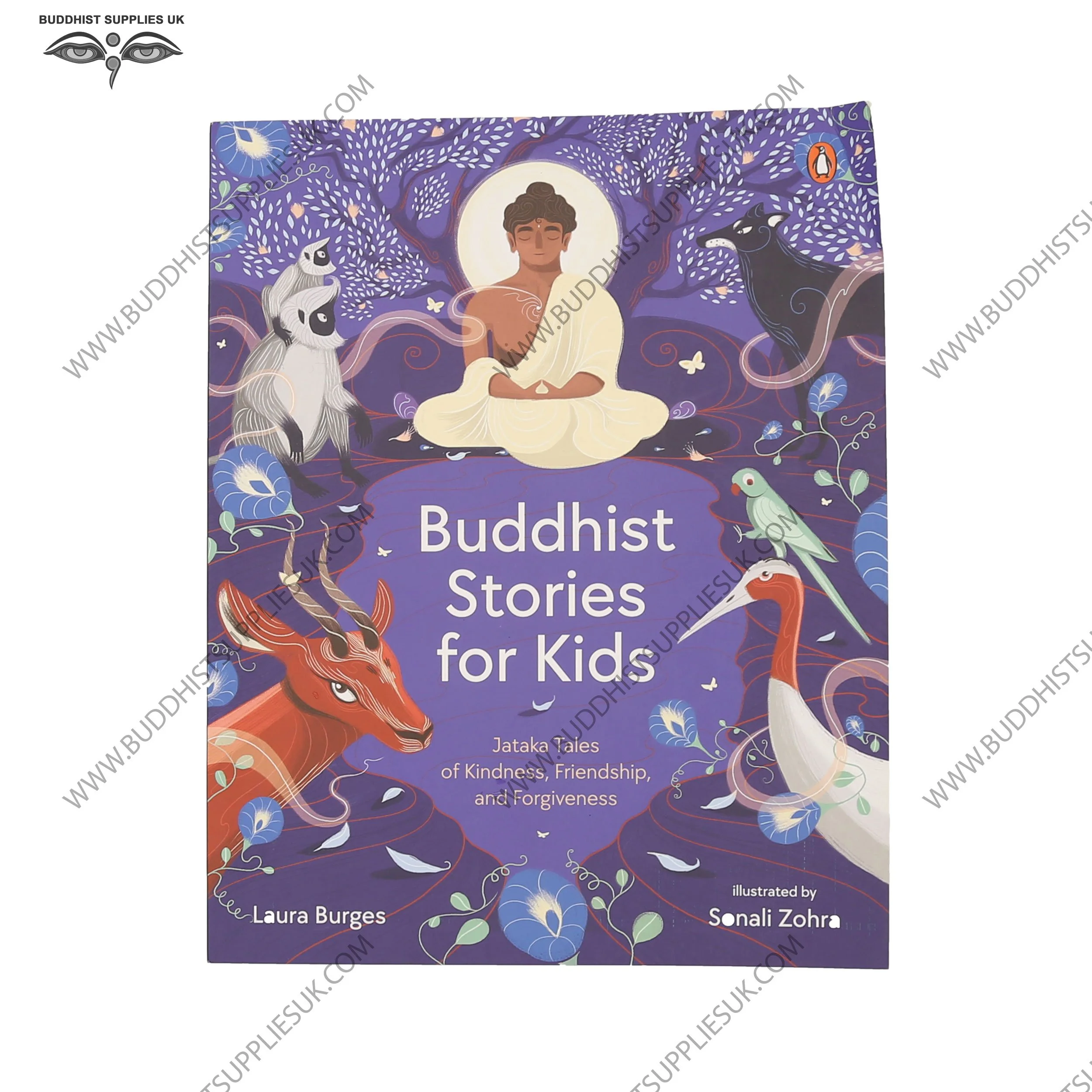 Shakyamuni Buddha lotus position open learning mudra with animals deer monkey dog parrot bird bodhi tree butterfiies Buddhist stories for kids