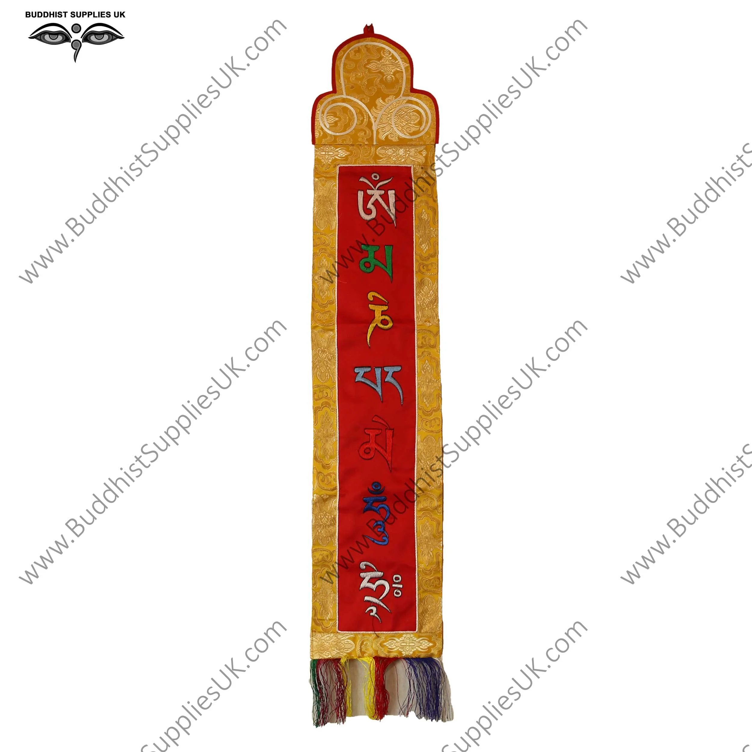 Silk brocade vertical wall hanging, Om Mani Padme Hung mantra