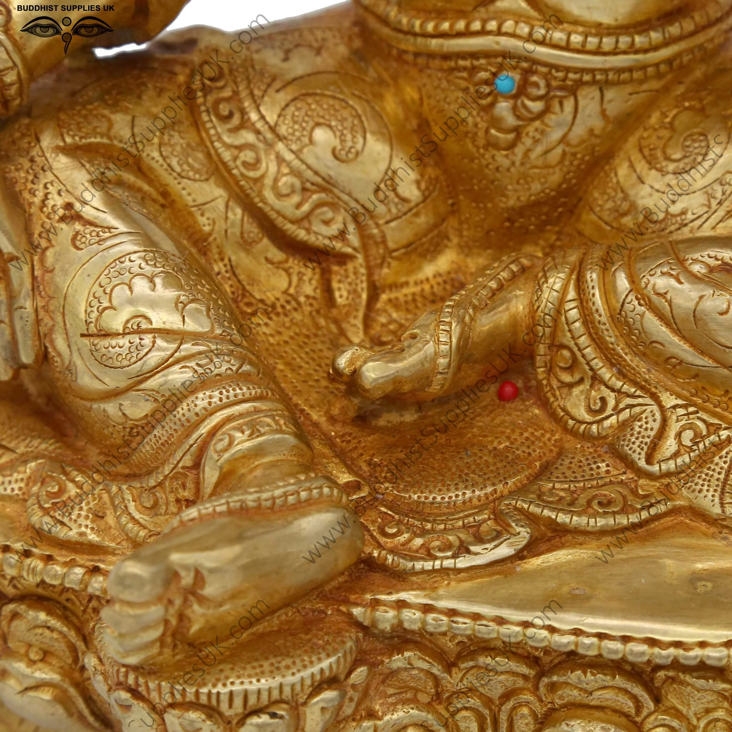 Gold plated Green Tara statue carving detail