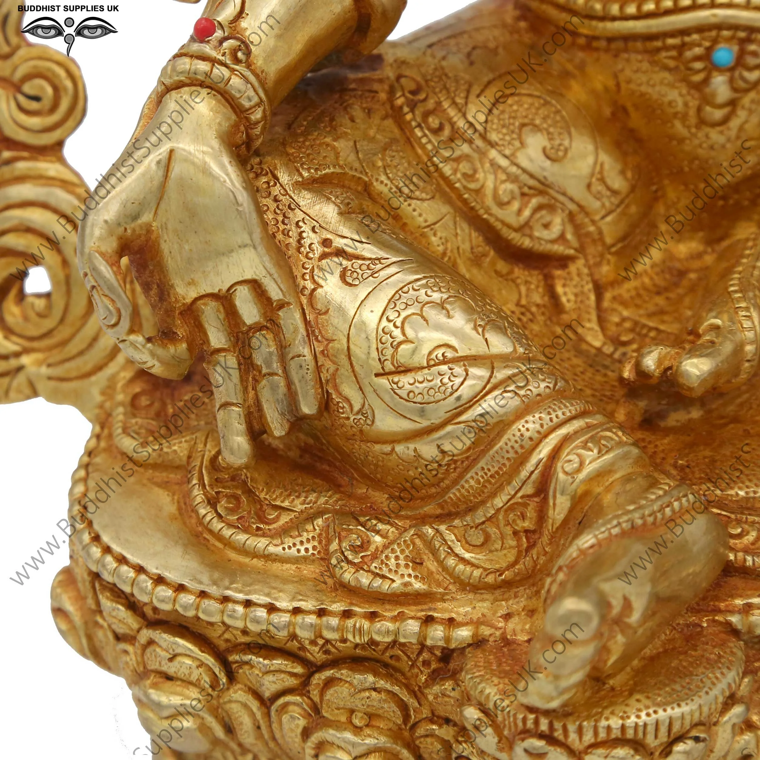 Gold plated Green Tara statue carving detail