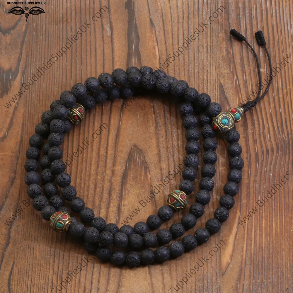 Lava stone mala necklace black and brass - Main Image