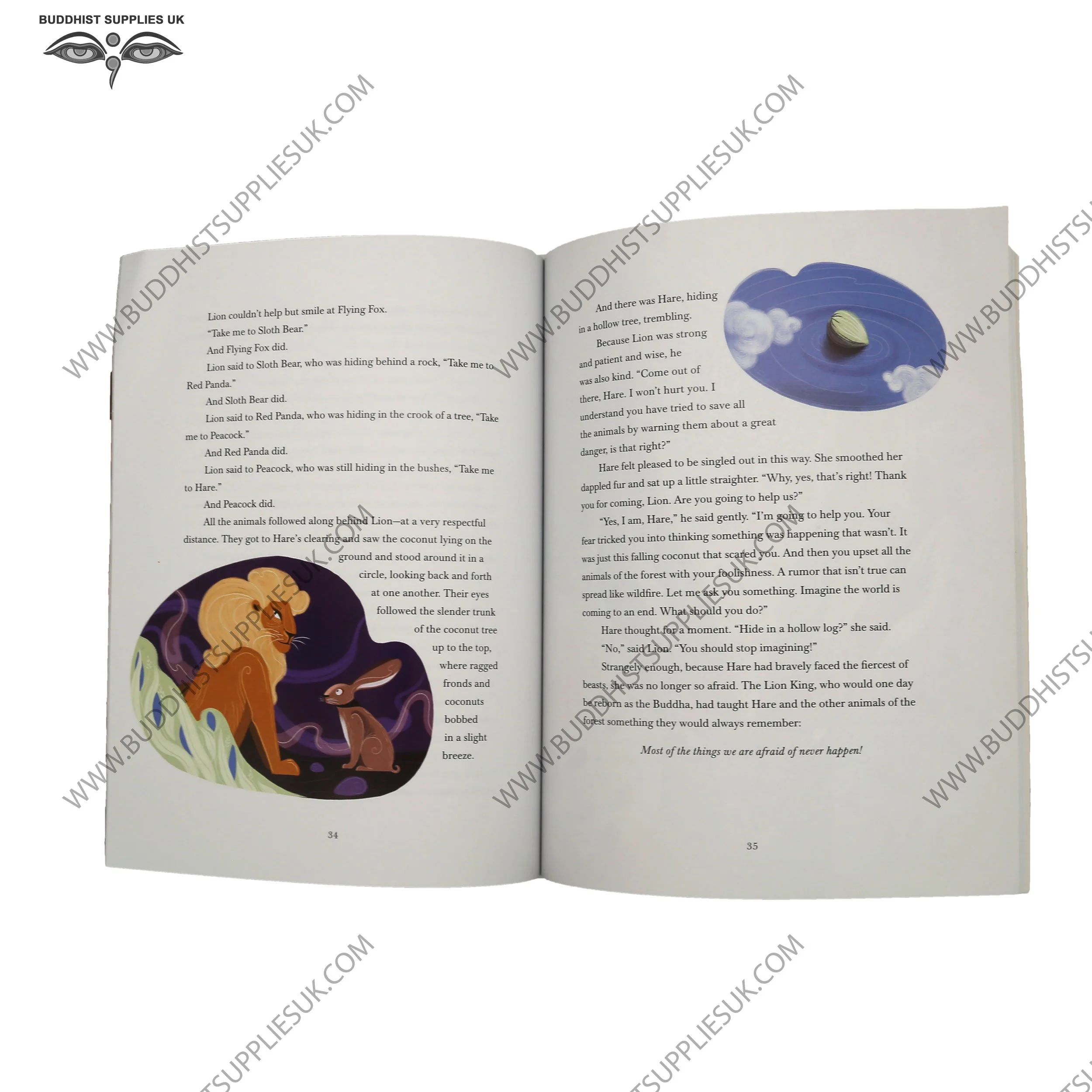 Shakyamuni Buddha lotus position open learning mudra with animals deer monkey dog parrot bird bodhi tree butterfiies Buddhist stories for kids look inside open book