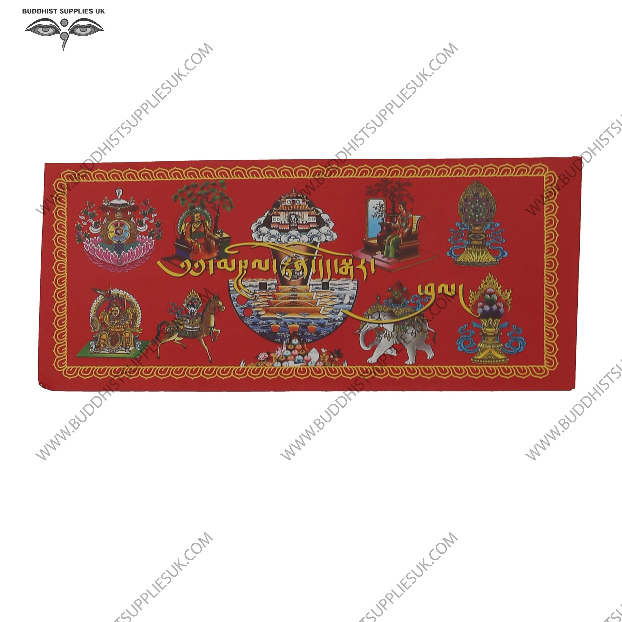 Offering envelope red Tibetan script 8 auspicious symbols dana tashi delek free delivery UK made in Nepal
