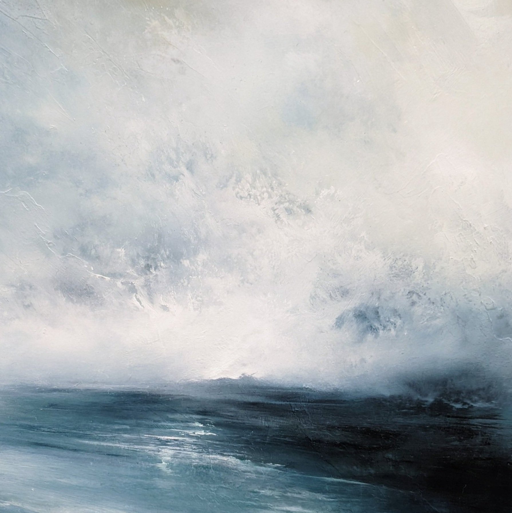 An oil painting by artist Tori Tipton of an abstract seascape in shades of blue and white