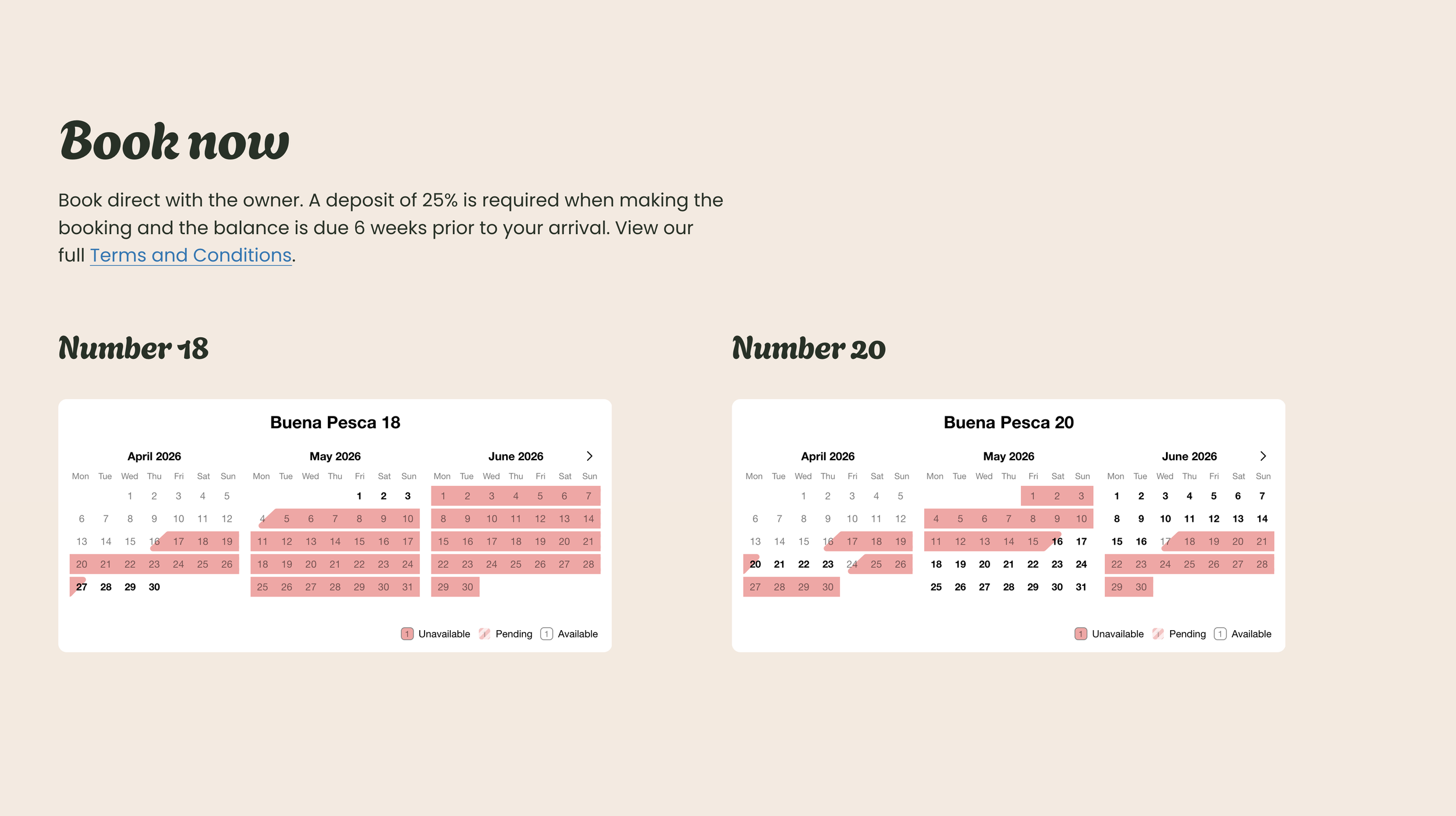 Upcoming booking calendar for Buena Pesca availability in April, May, and June 2026, with dates marked as unavailable, pending, or available.