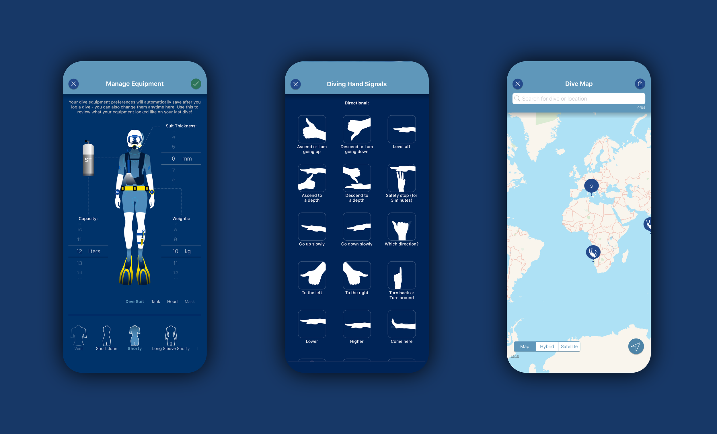 Three mobile app screens for scuba diving: the first shows equipment management options including suit and tank settings, the second shows diving hand signals for communication, the third displays a world map with dive site markers.