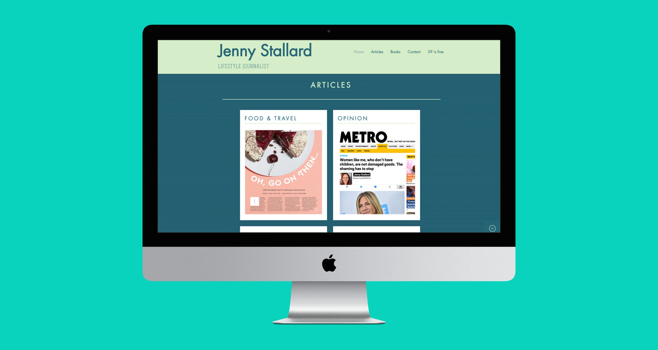 An iMac computer displaying a website with the header "Jenny Stallard, Lifestyle Journalist" and sections labeled "Articles," "Food & Travel," and "Opinion."