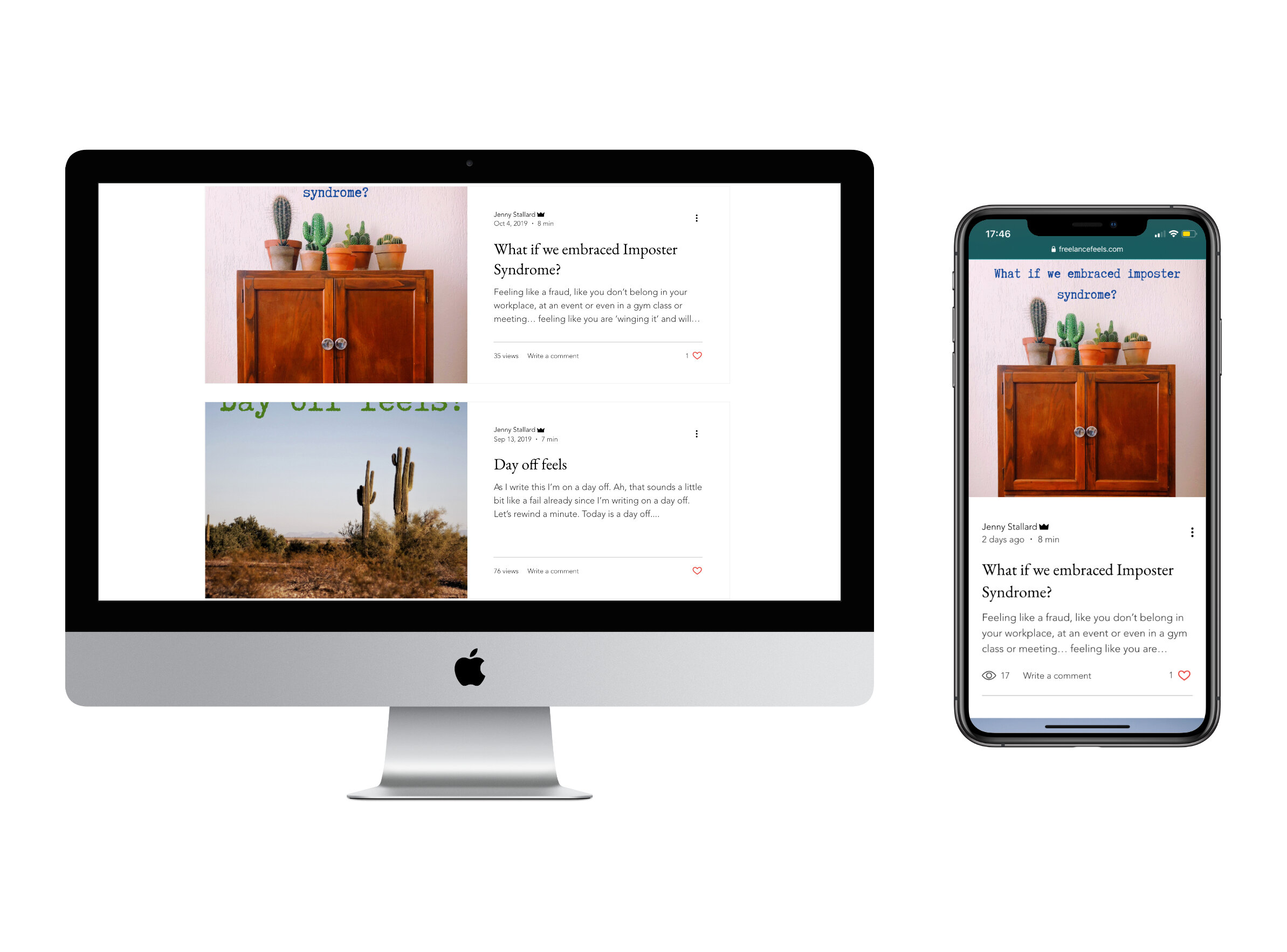 An iMac and an iPhone displaying the same webpage. The webpage features a blog post with a photo of potted cacti and another photo of desert cacti, with text discussing impostor syndrome and feelings.