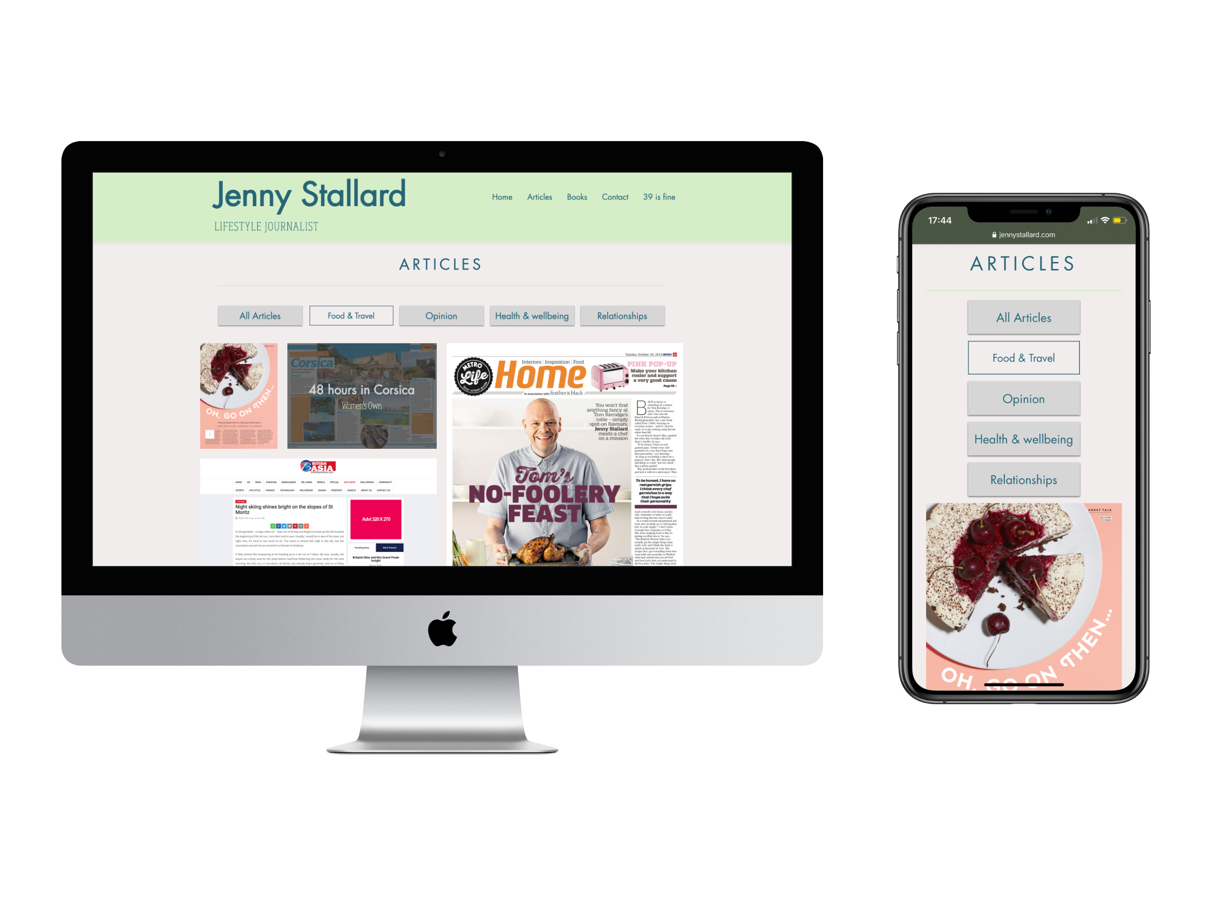 Computer and smartphone screens displaying a lifestyle journalist's website, with article categories and food images, including a dessert with cherries.