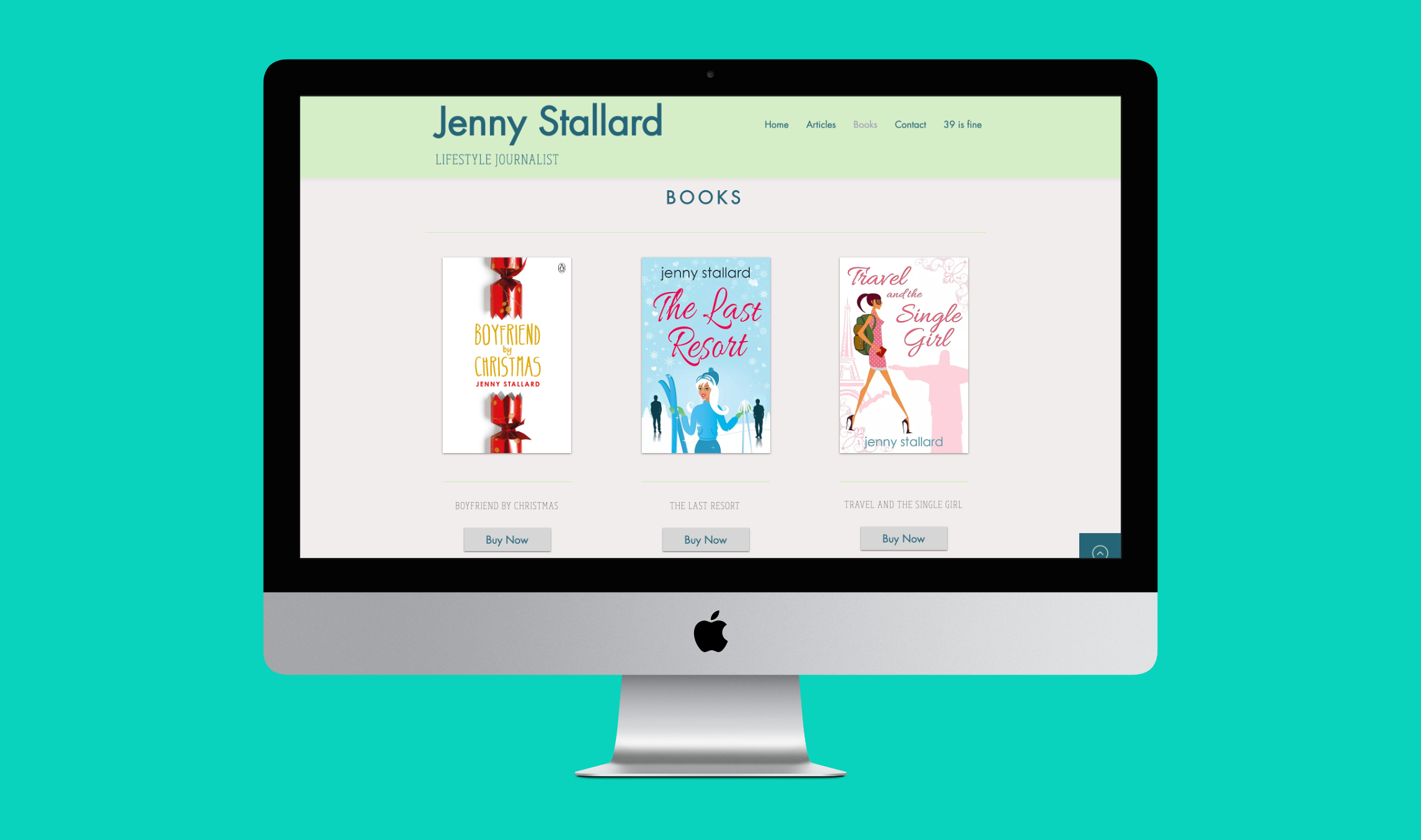 Screenshot of a website on an iMac displaying a page about books by Jenny Stallard, with book covers and 'Buy Now' buttons.