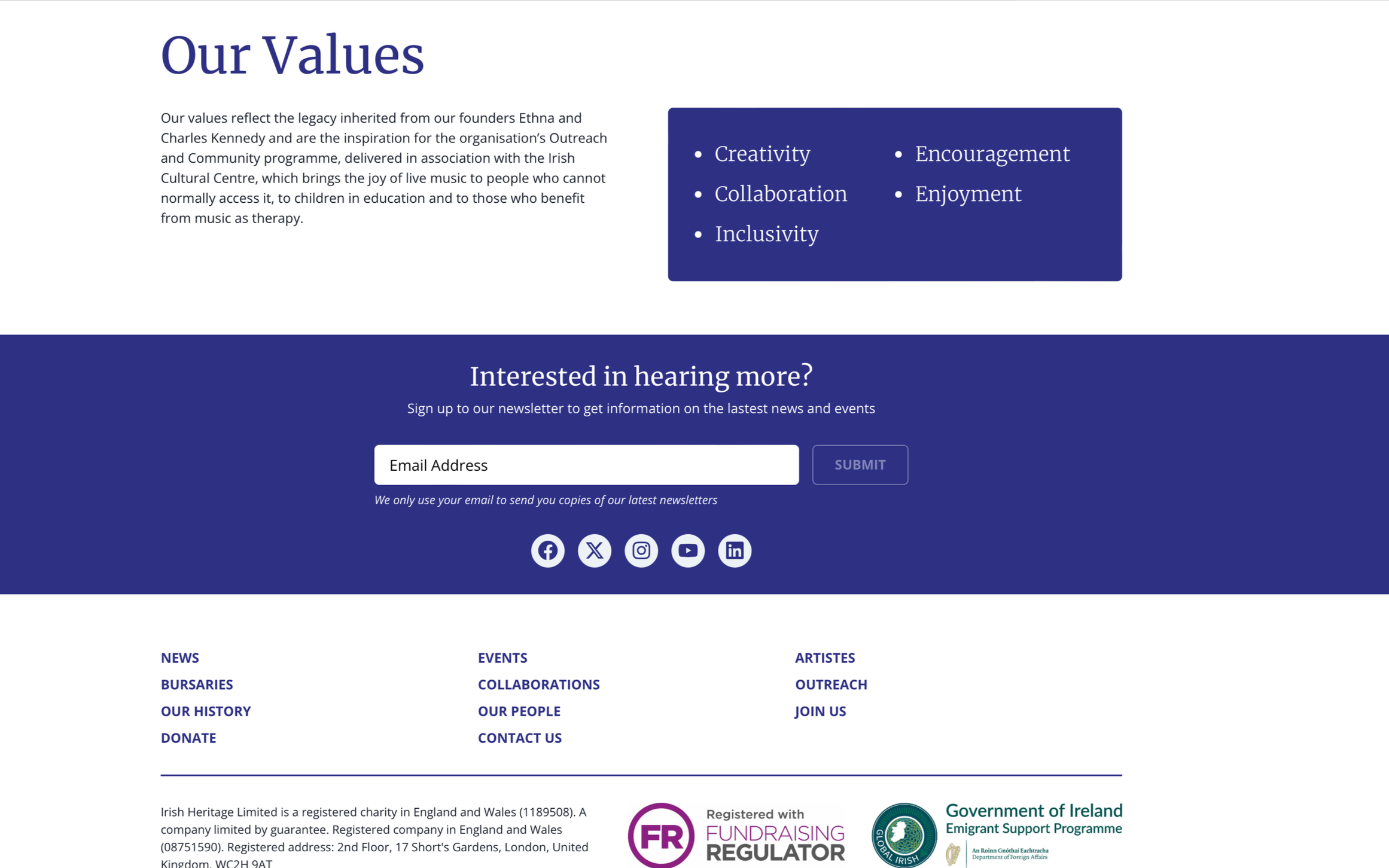 Section of a webpage titled 'Our Values' with a paragraph describing the organization's values and mission, a blue box listing values: Creativity, Collaboration, Inclusivity, Encouragement, Enjoyment, and a newsletter sign-up form, social media icons