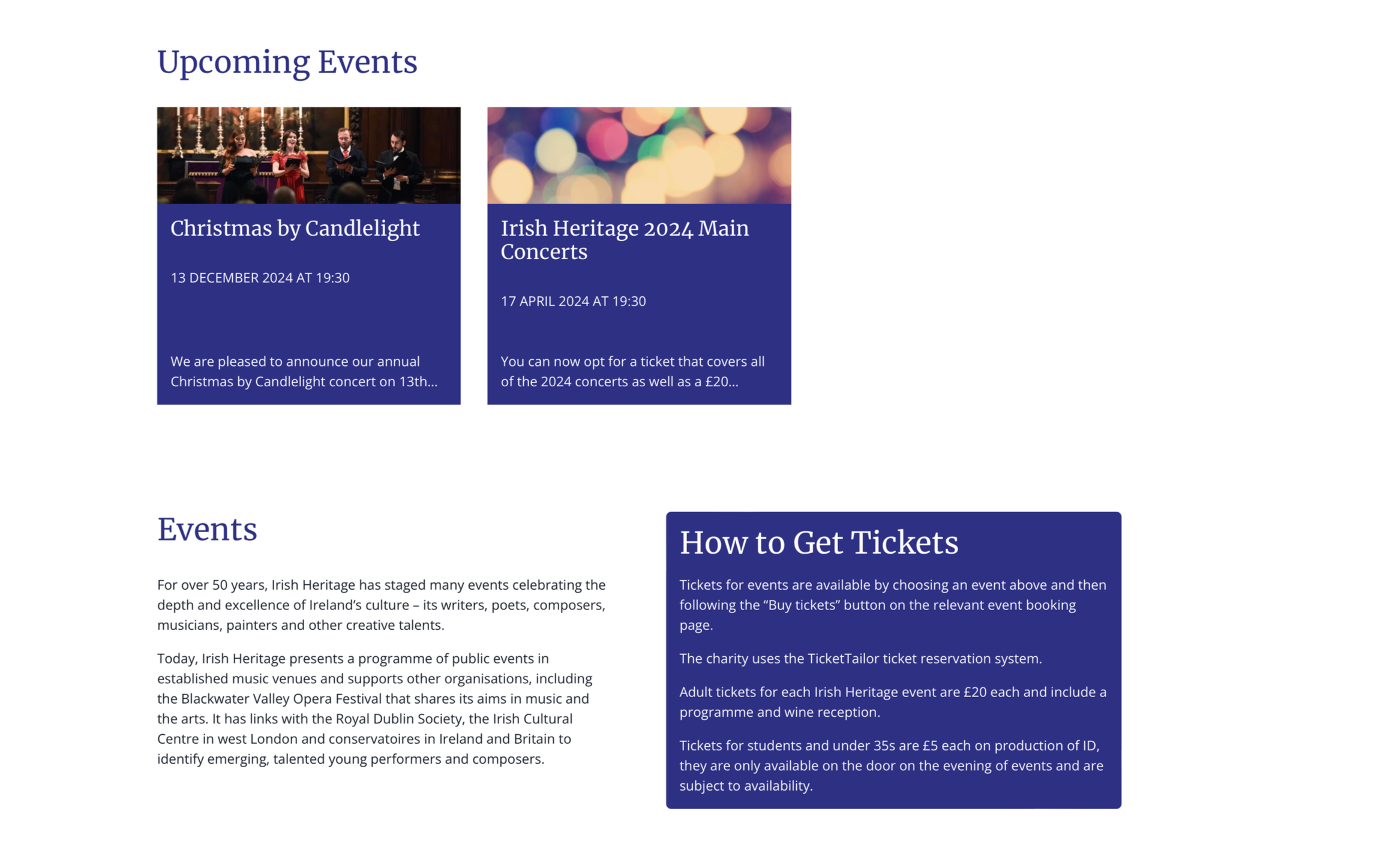 Screenshot of a webpage section titled 'Upcoming Events' with two event descriptions, one about 'Christmas by Candlelight' on December 13, 2024, and another about 'Irish Heritage 2024 Main Concerts' on April 17, 2024. Below, a section titled 'Events'