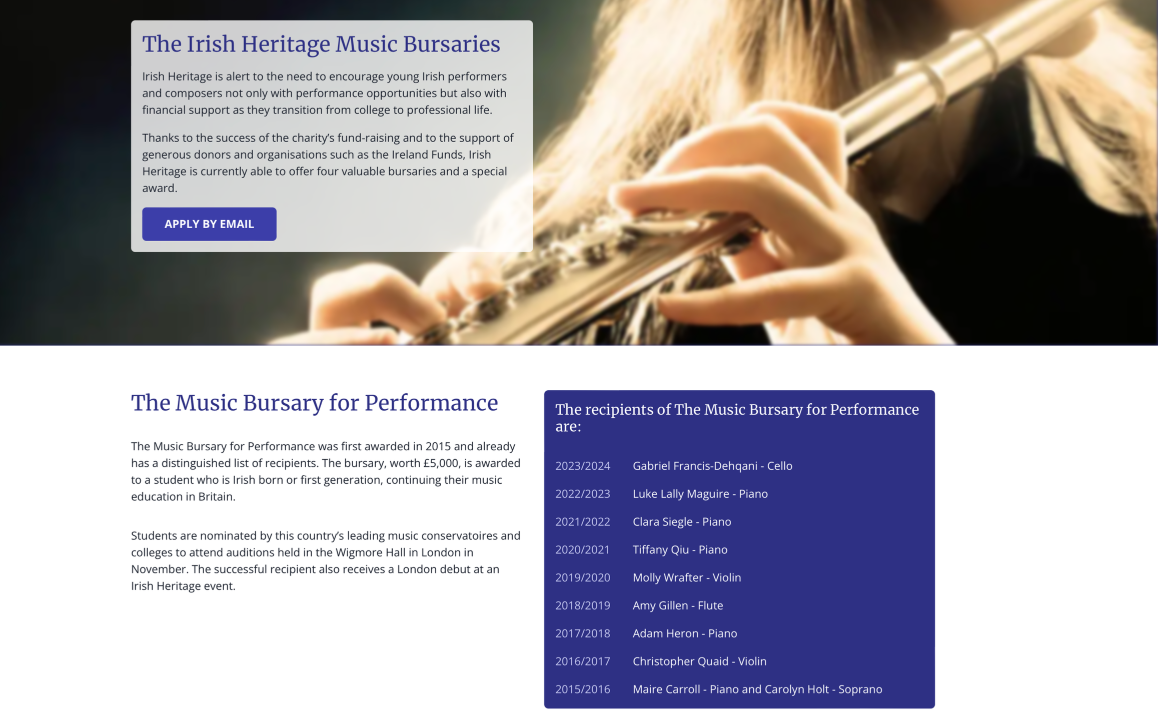 A webpage about the Irish Heritage Music Bursaries featuring a close-up of a musician playing a flute with the text overlay describing the bursaries and application details, alongside a list of past recipients with their instruments and years.