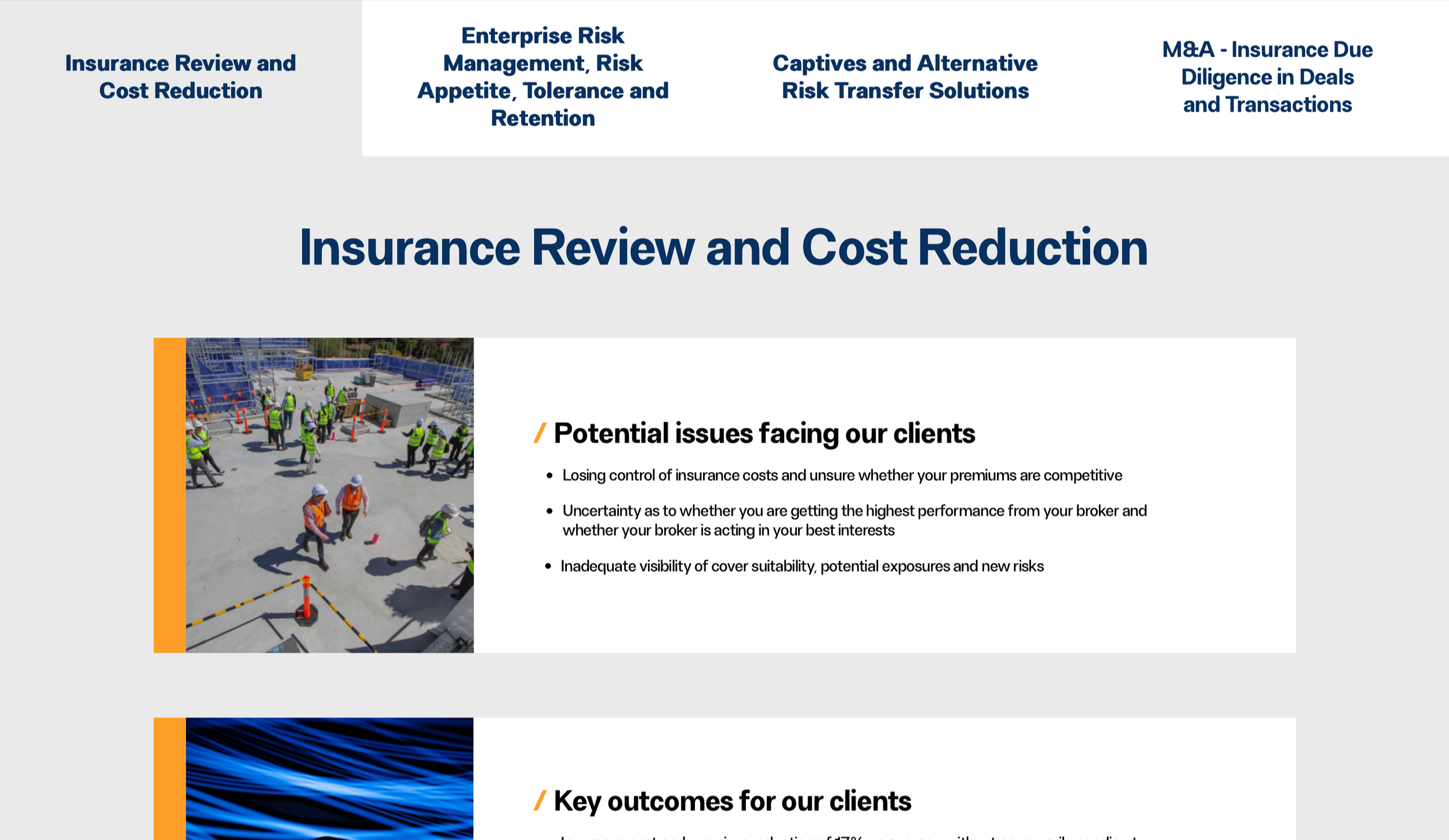 Presentation slide titled 'Insurance Review and Cost Reduction' with an image of construction workers on site, discussing around orange cones, and bulleted points about potential issues facing clients such as loss of control over insurance costs, unc