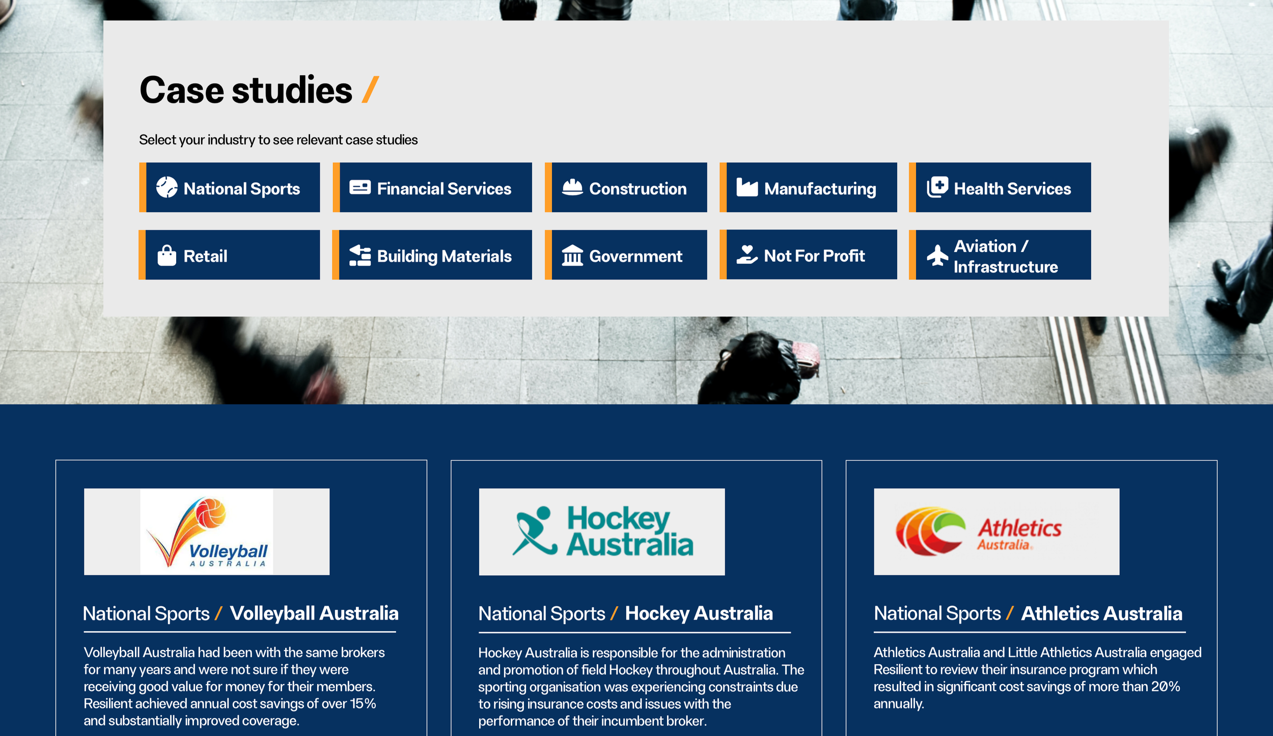 Screenshot of a website showing a list of industry options like National Sports, Financial Services, Construction, Manufacturing, and health-related sectors, with some business logos and descriptions below.