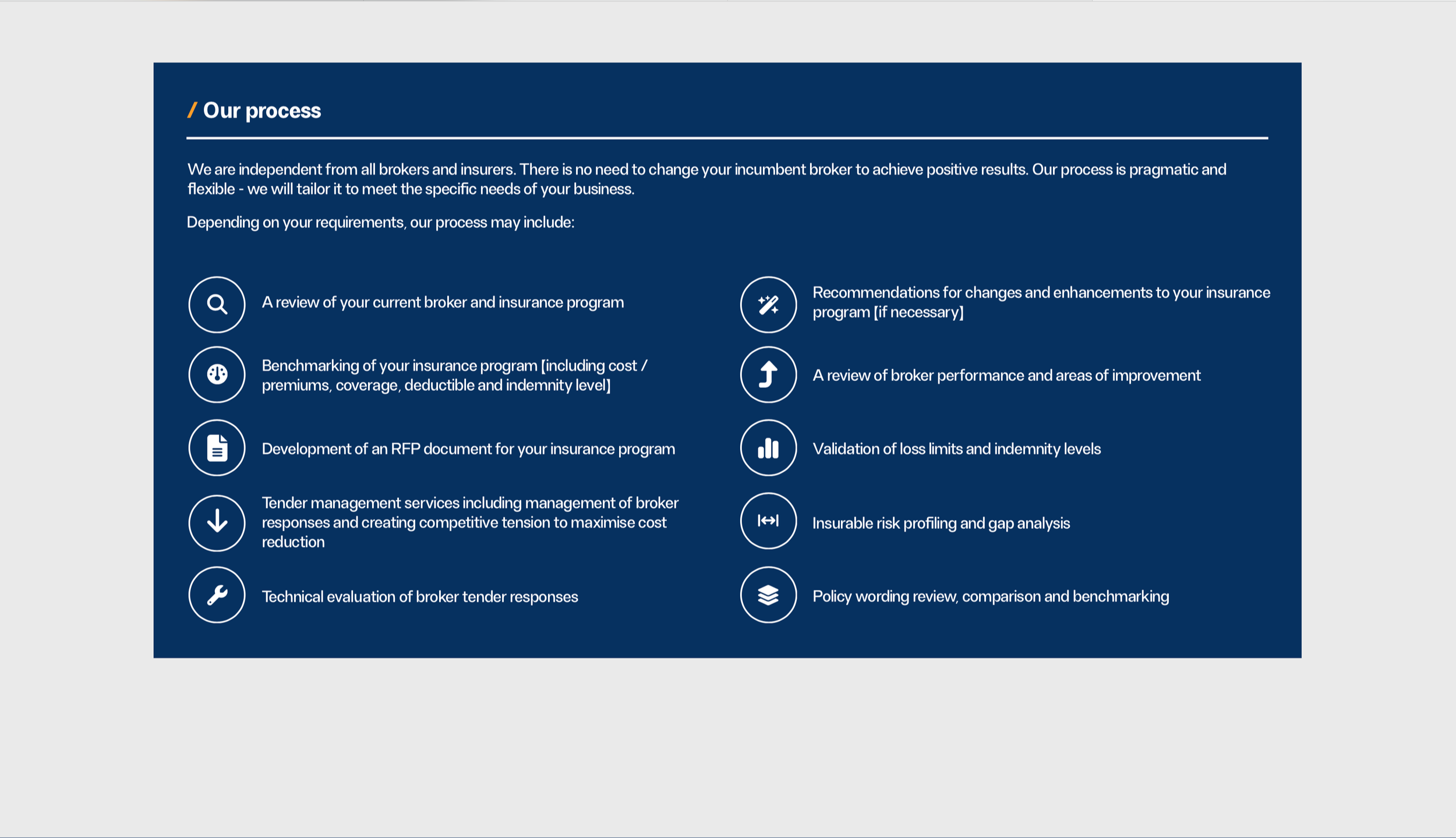A digital infographic titled 'Our process' explaining steps for insurance broker services, including review of current broker and insurance program, benchmarking, RFP development, tender management, technical evaluation, recommendations, performance 