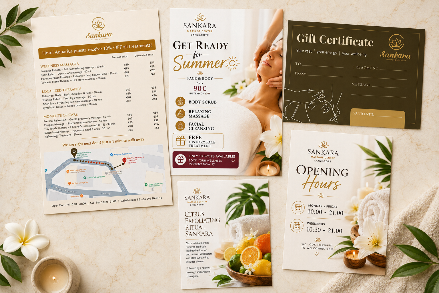 Collection of brochures and flyers for Sankara Massage Centre in Lanzarote, featuring services, opening hours, special offers, a map, and promotional images of massages and citrus fruits.