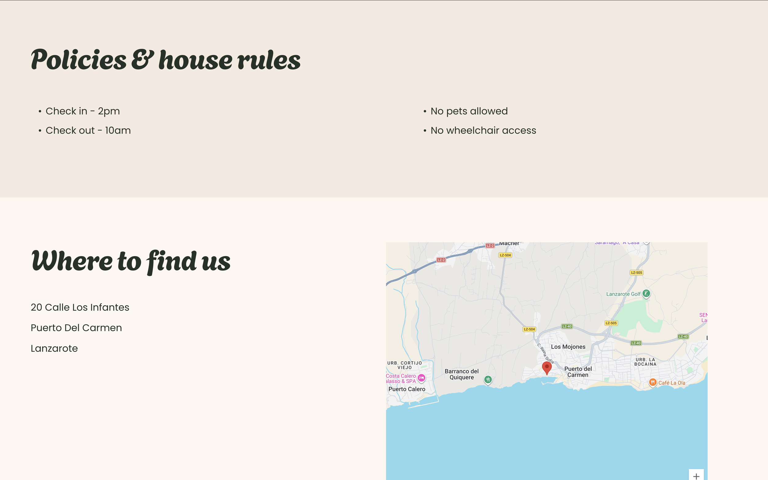 A section of a website page with house policies and rules, and a map showing the location of the house in Puerto del Carmen, Lanzarote.