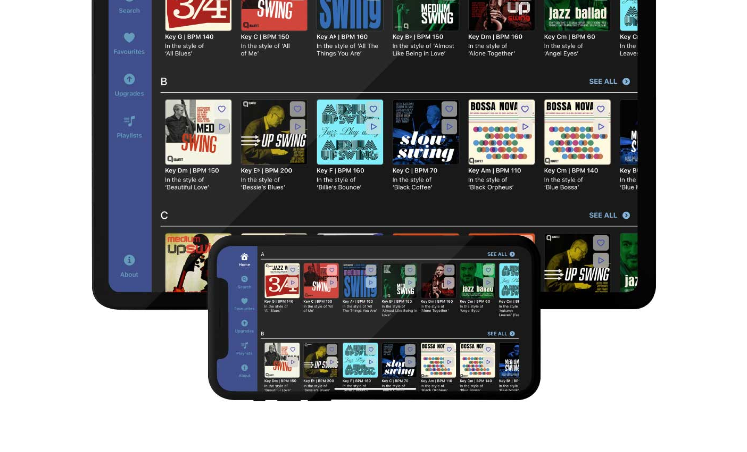 A tablet and a smartphone displaying a digital music playlist app with various jazz and swing music album covers and song titles, categorized by key and style.