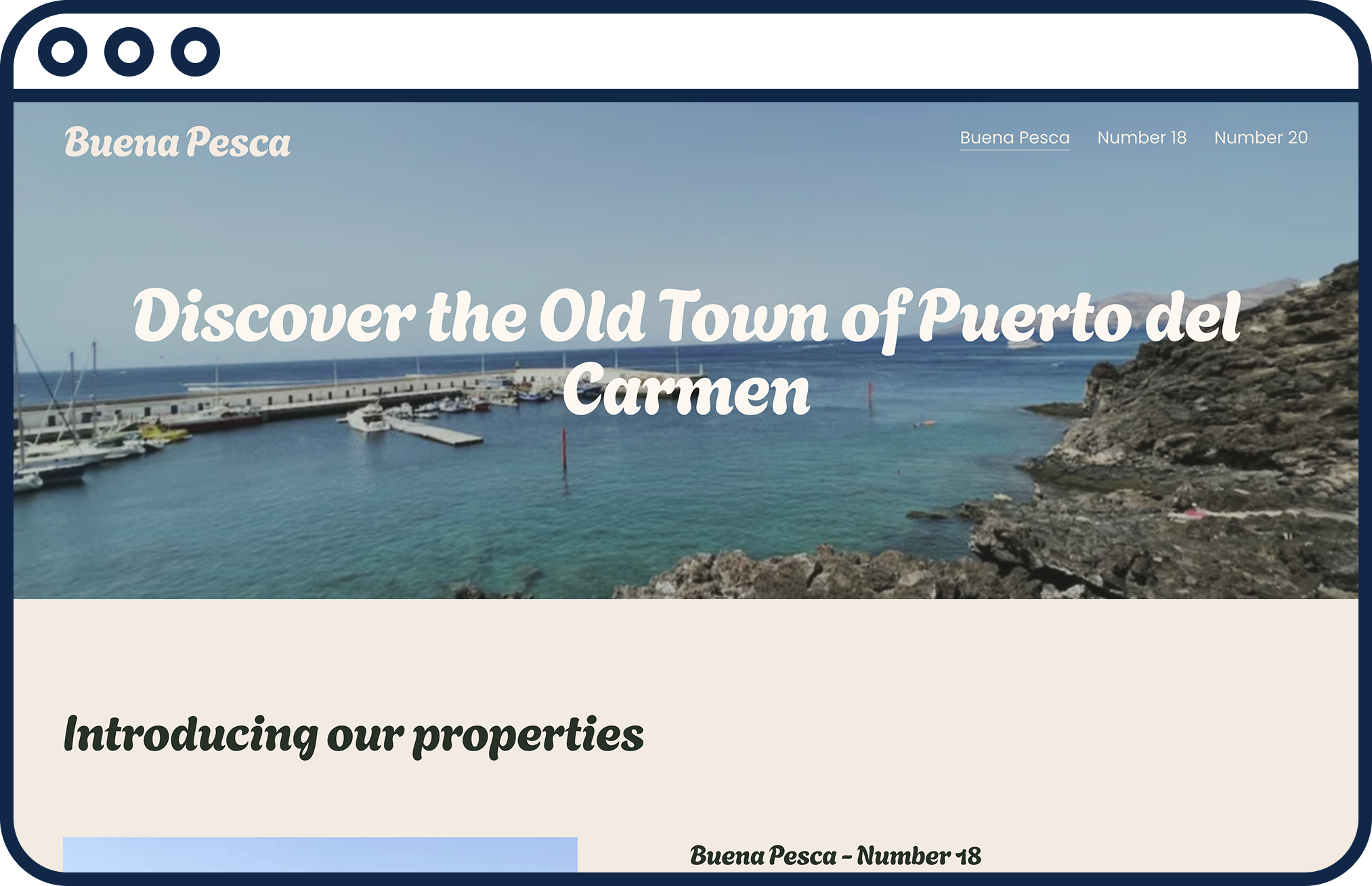 A scenic view of a harbor with boats and yachts docked along the pier, blue water, rocky shoreline, and clear sky, with overlayed text promoting Puerto del Carmen.