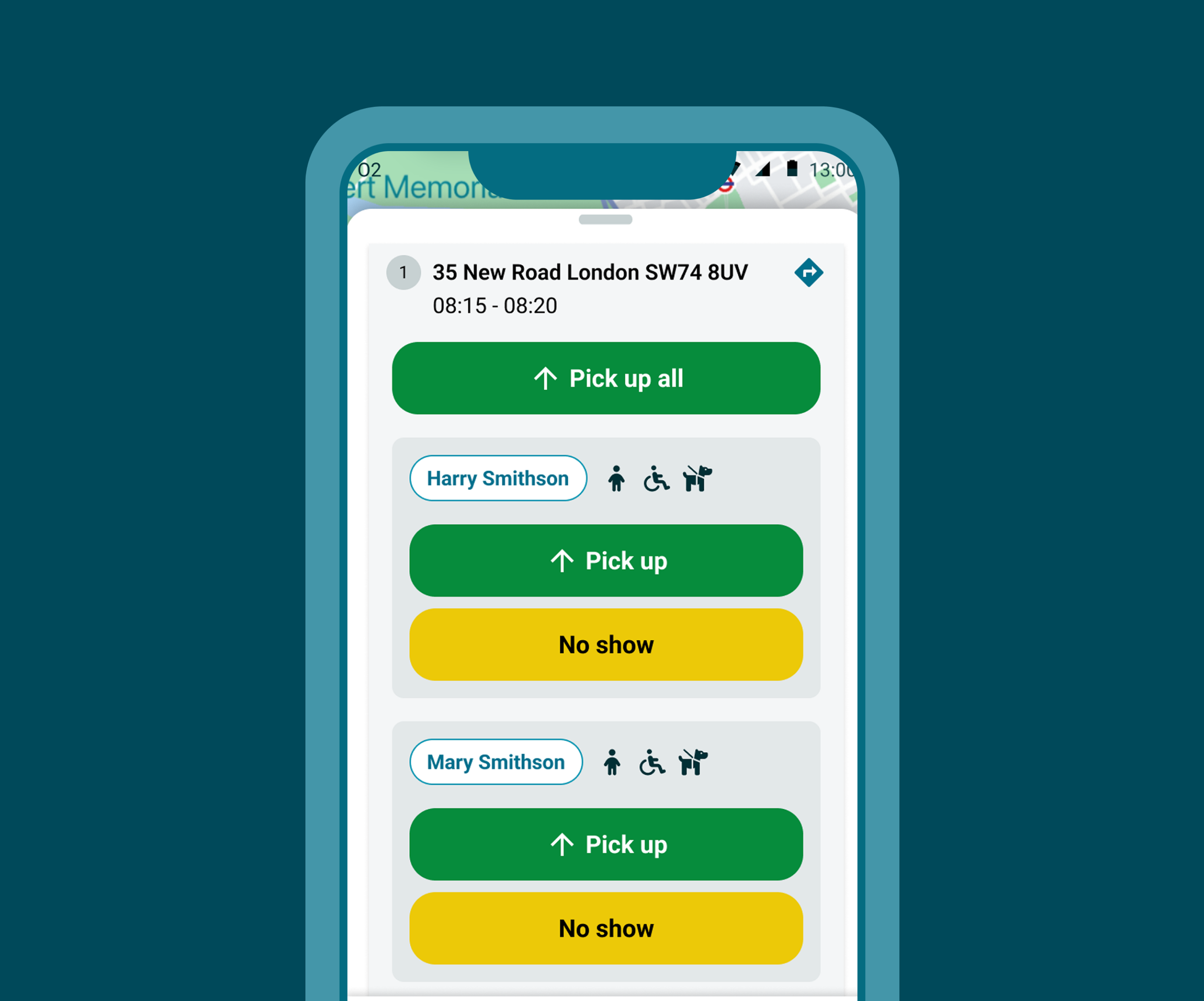 Mobile device screen displaying the passenger list for drivers with pickup details for two users, Harry Smithson and Mary Smithson, including options for pickup, no show, and icons for accessibility and additional services.