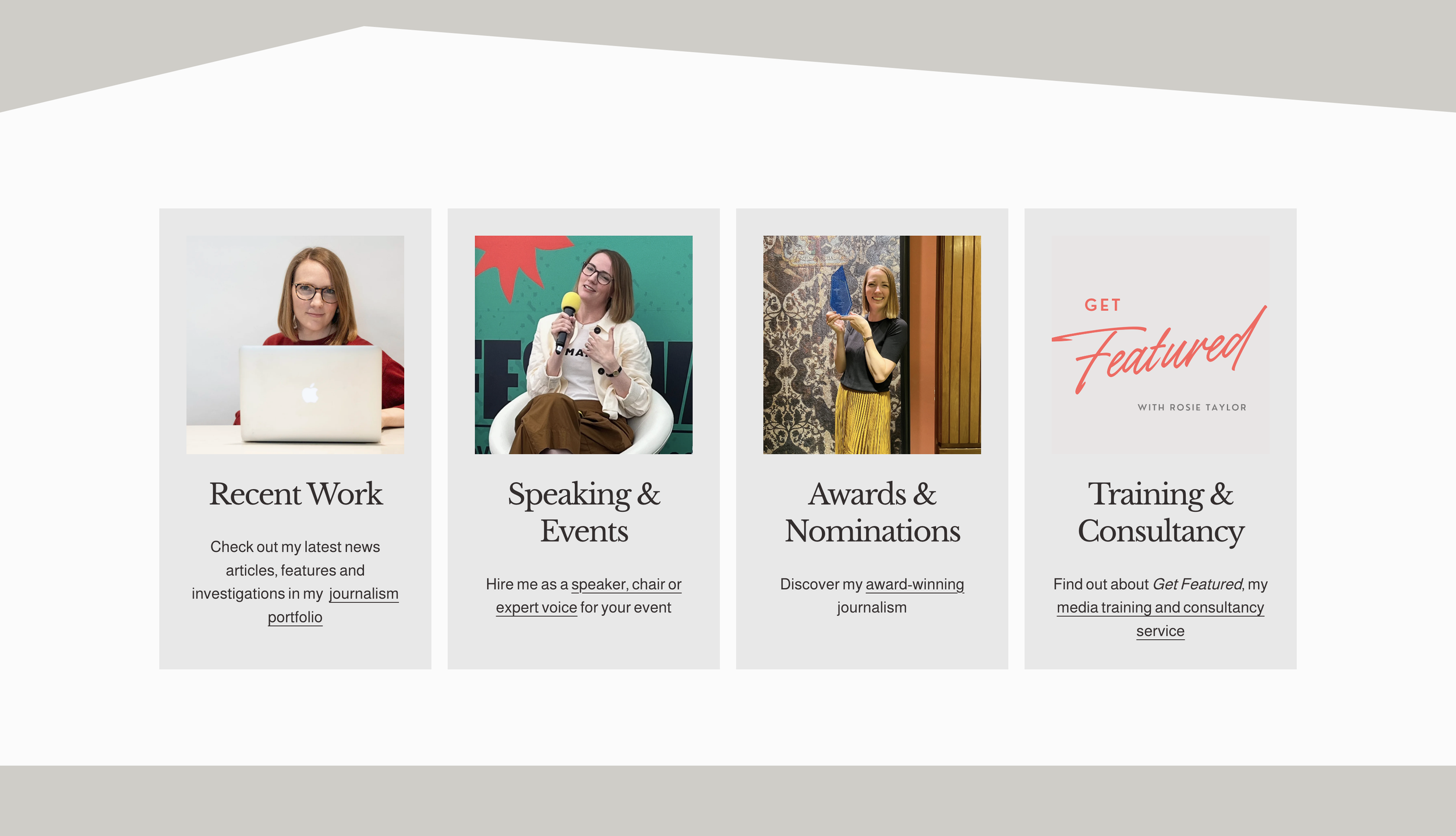 A website homepage featuring four sections: Recent Work with a woman in glasses and a red shirt working on a laptop; Speaking & Events with a woman holding a microphone; Awards & Nominations with a woman holding a trophy; Training & Consultancy with 