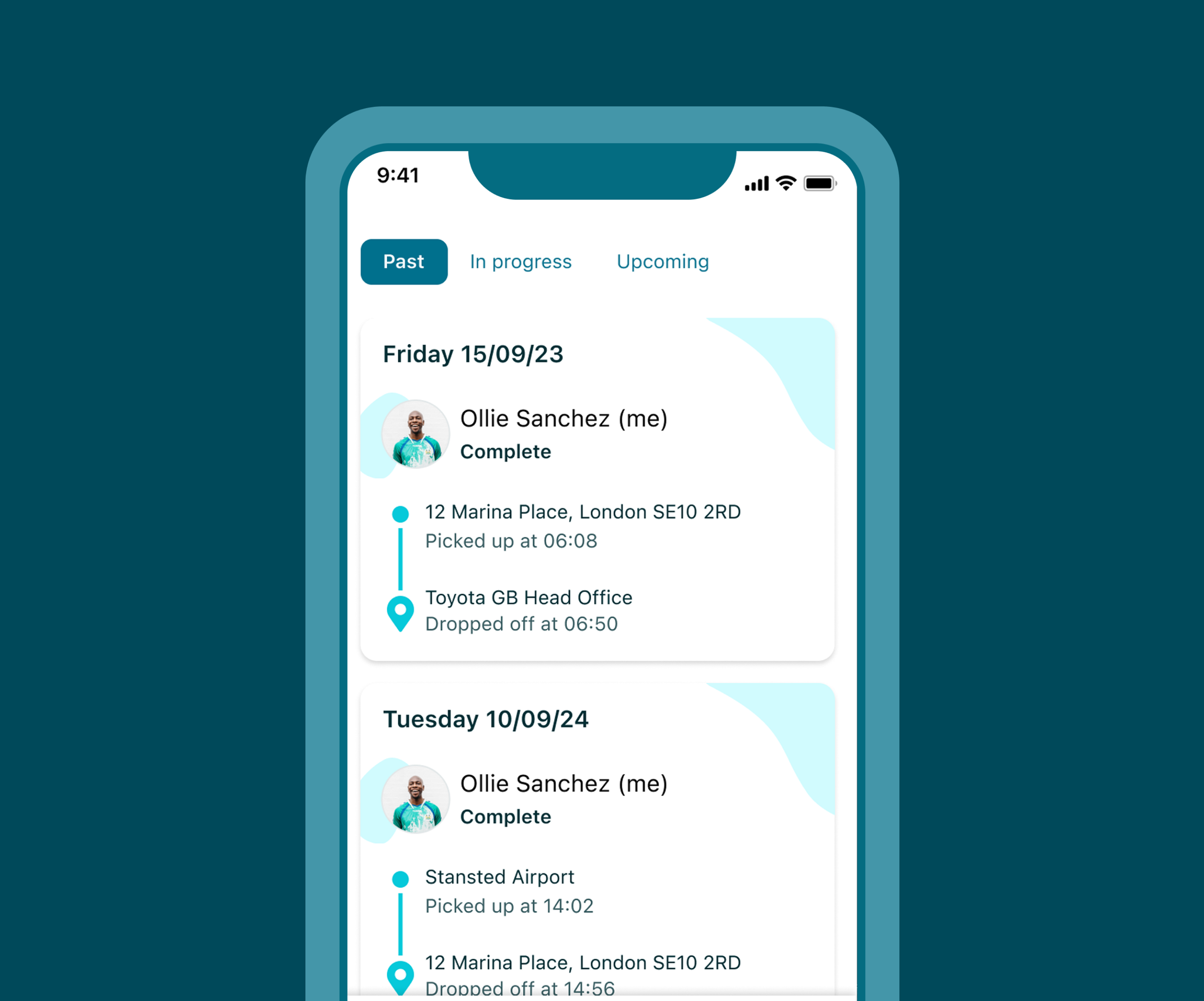 Smartphone screen showing a ride requesting app with past, in progress, and upcoming tabs. The past tab displays completed trips for Ollie Sanchez on 15/09/23 and 10/09/24, including pickup and drop-off locations and times.