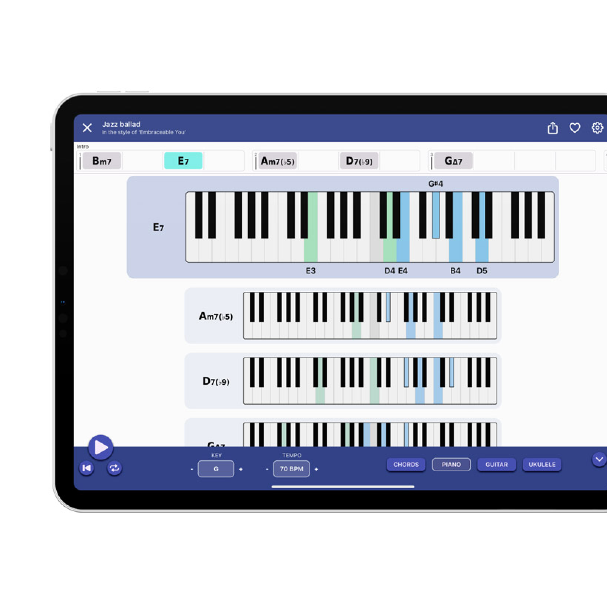 Tablet screen displaying a music composition app with a piano roll and chord progression for jazz ballad in the style of 'Embraceable You', showing chords Bm7, E7, Am7(♭5), D7(♭9), and G7, with a tempo of 70 BPM.