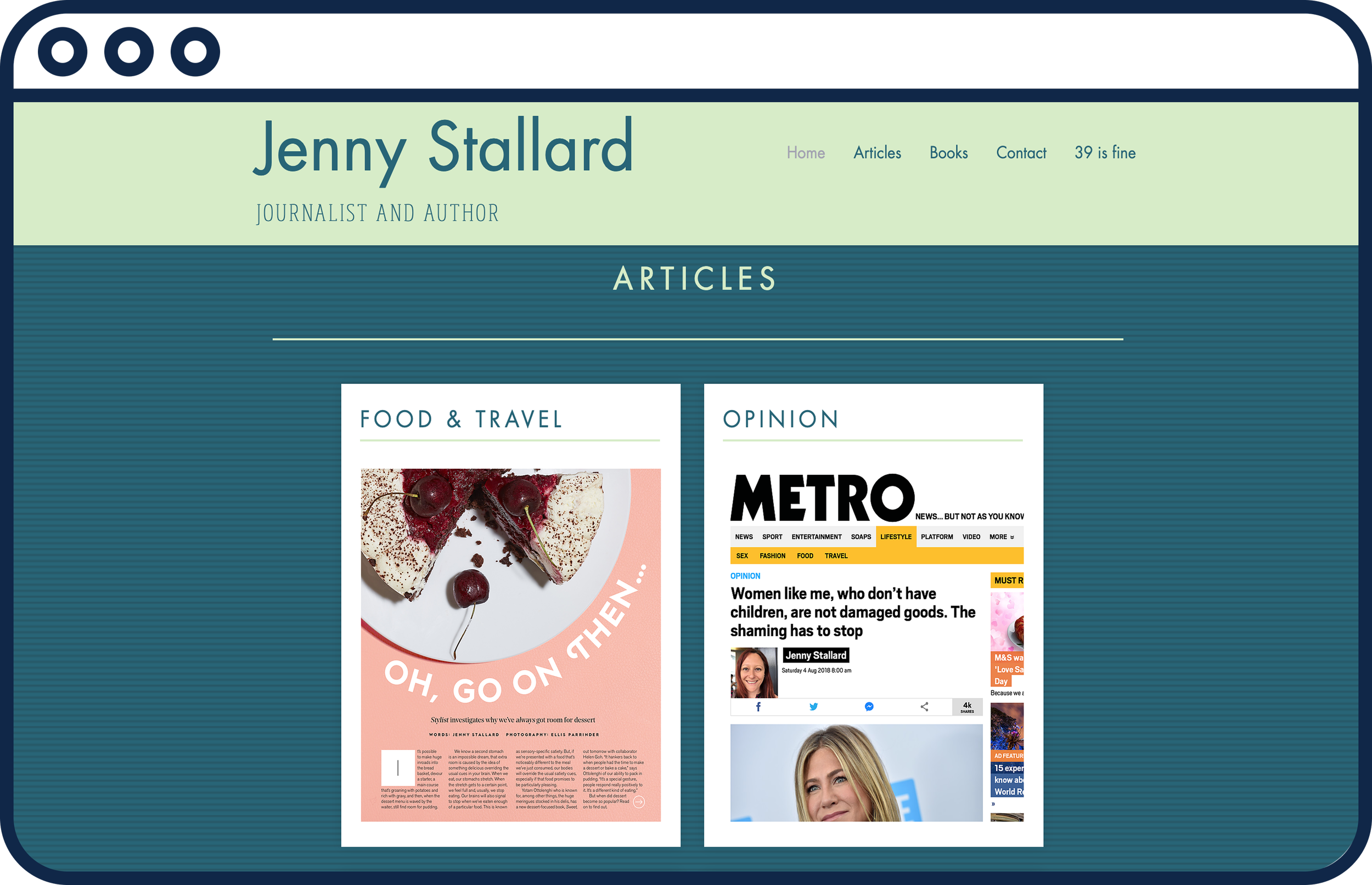 Screenshot of a personal blog or news website homepage for Jenny Stallard, a journalist and author. The page features a navigation menu with links to Home, Articles, Books, Contact.
