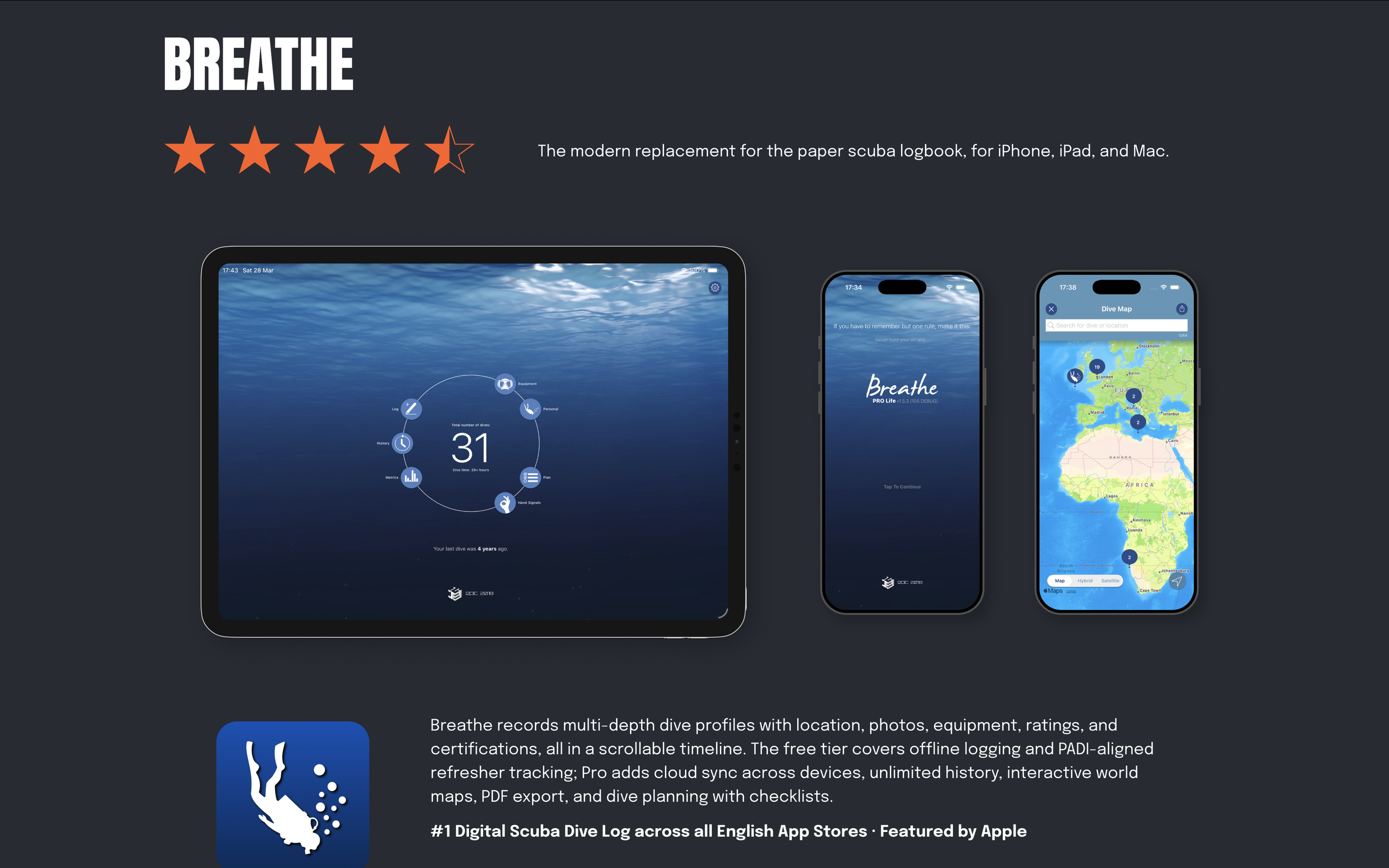 Advertisement for the Breathe app, a digital dive log for iPhone, iPad, and Mac, with images of the app displayed on tablet and smartphones, and a map of dive locations in Africa, with star ratings and description.