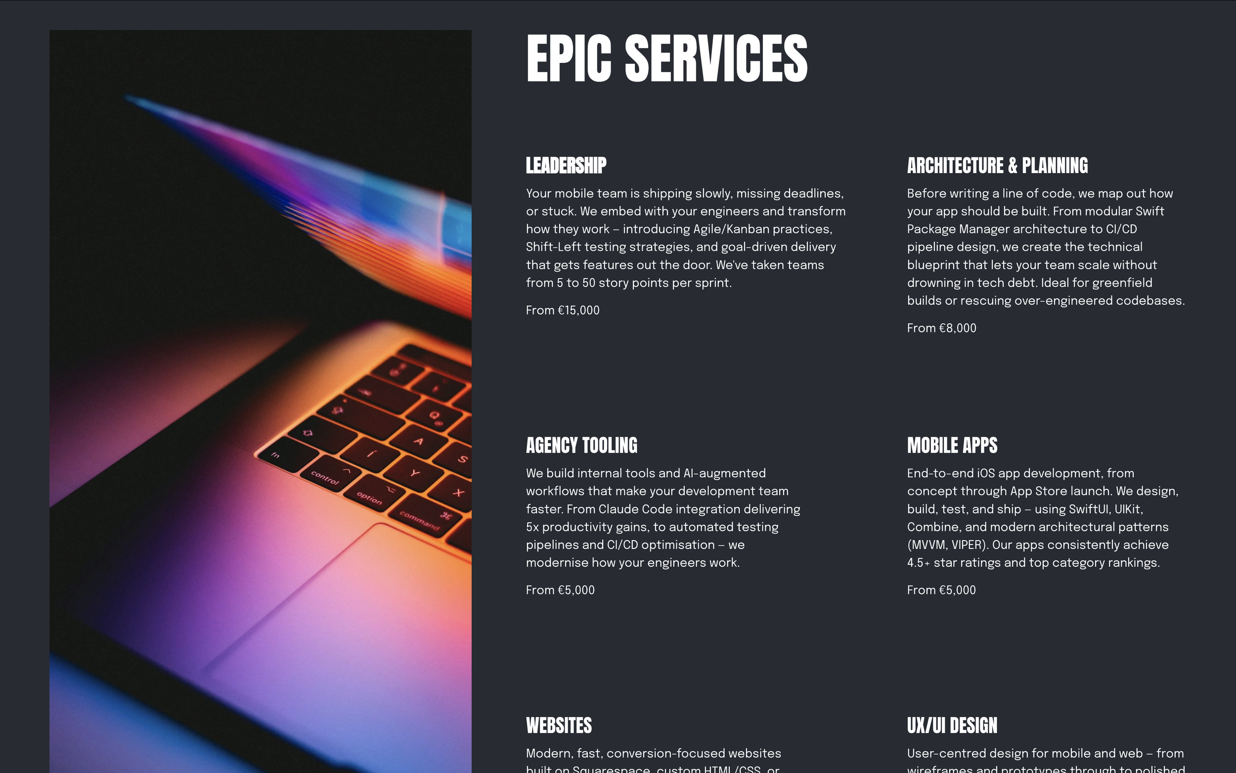 A promotional flyer for Epic Services featuring a split image of a colorful laptop keyboard and screen on the left, with service descriptions on the right including leadership, architecture and planning, agency tooling, mobile apps, websites, and UX/