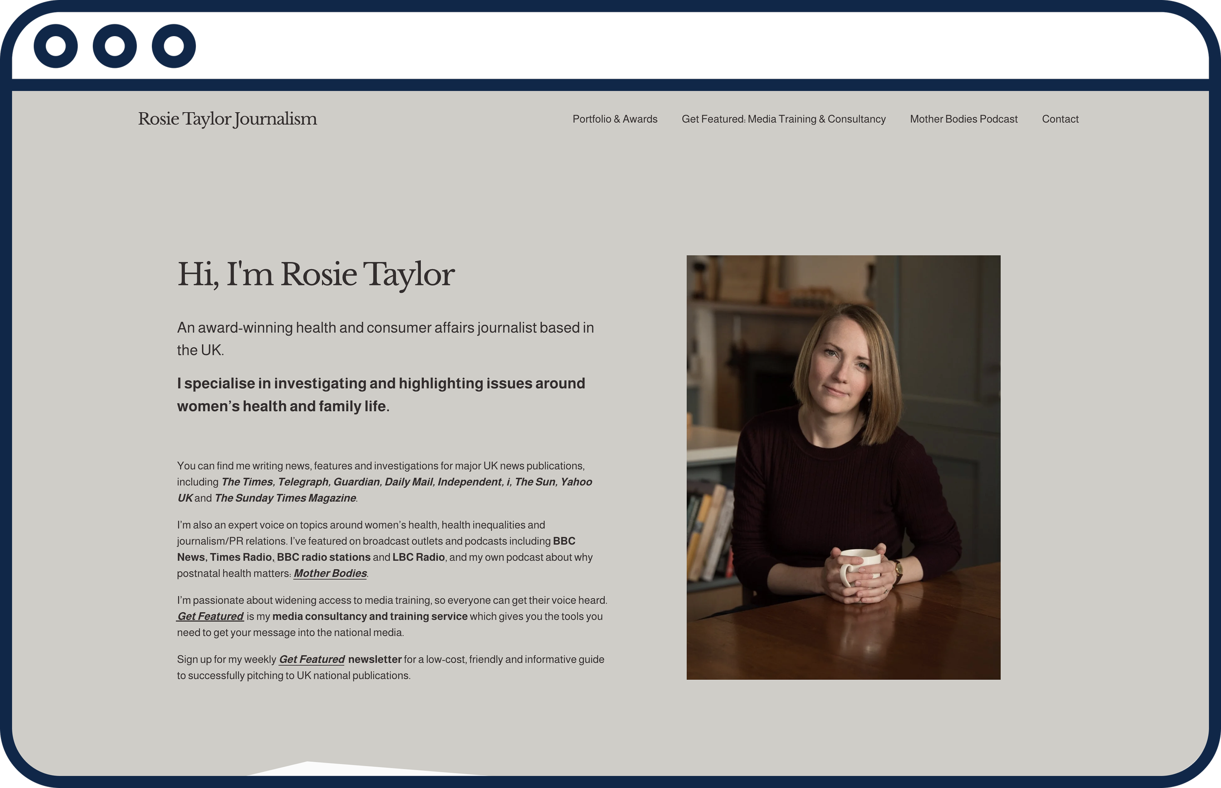 Screenshot of Rosie Taylor Journalistic website with a photo of Rosie Taylor on the right, sitting at a table holding a white mug, smiling slightly, with books and a fireplace in the background.