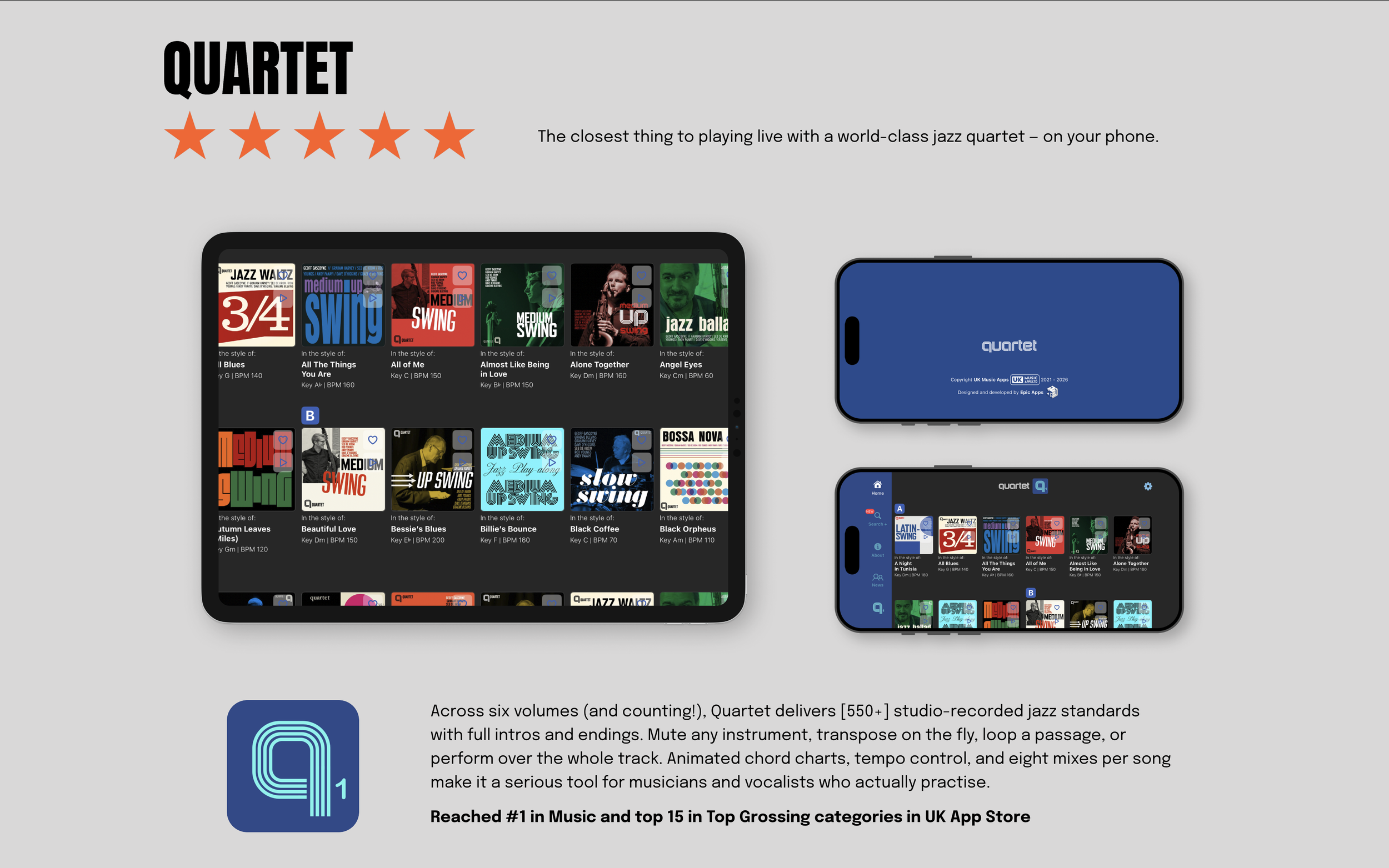An advertisement for Quartet, a jazz app, showing images of mobile devices and screenshots of the app's interface, highlighting its features and music collection.