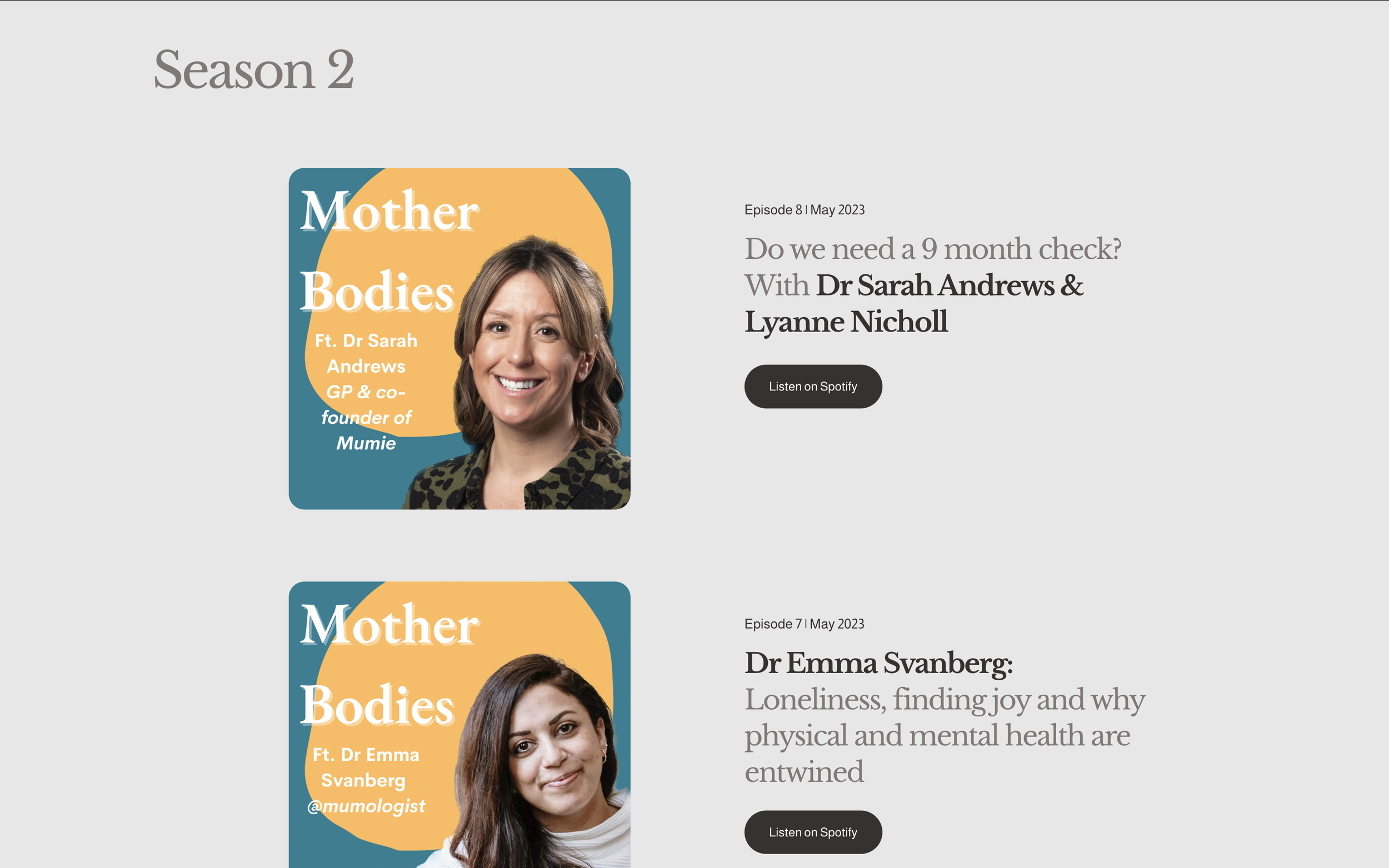 Promotional webpage for the 'Mother Bodies' podcast, featuring episodes with Dr. Sarah Andrews and Dr. Emma Svanberg, released in May 2023. The page includes photographs of both hosts, episode titles, descriptions, and links to listen on Spotify.