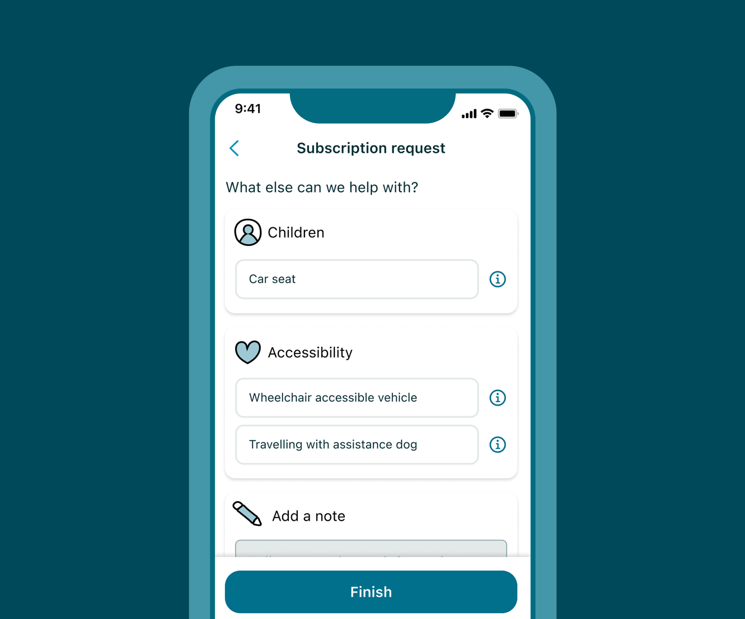 Screenshot of a mobile app showing a 'Subscription request' with options for children, accessibility needs, and notes, including fields for car seat, wheelchair accessible vehicle, and assistance dog.
