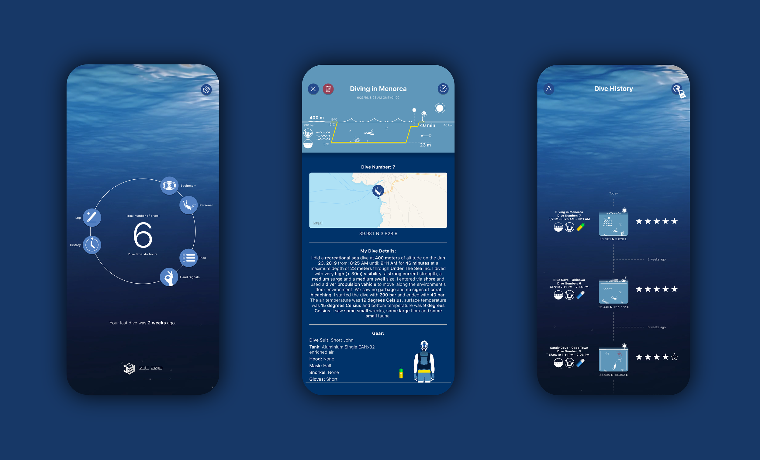 Screenshots of a mobile diving app displaying dive logs, history, and details, with underwater scenes and dive data graphs.