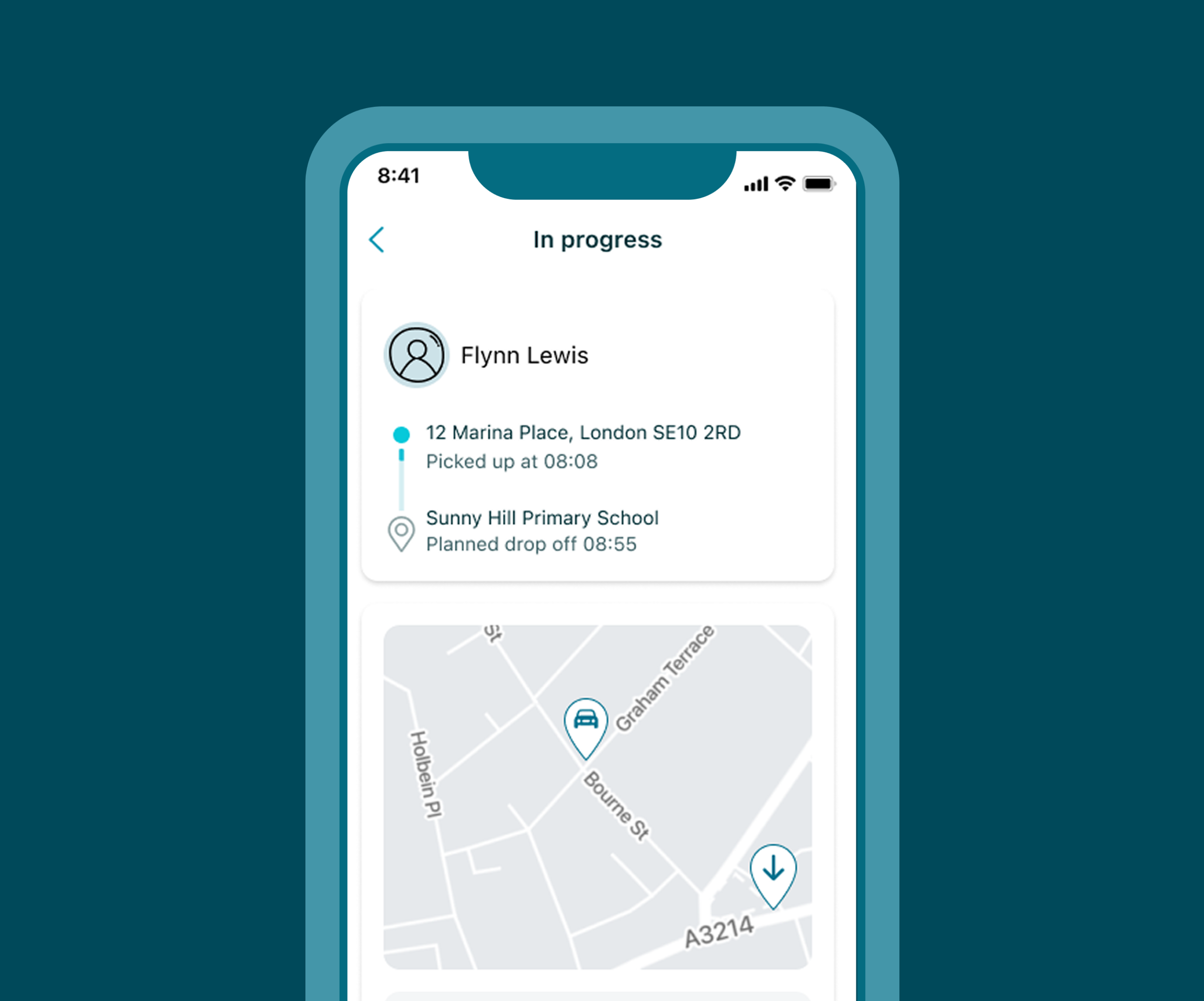 Screenshot of a ride-sharing app displaying the passenger's pick up location and the driver's location, with a map and navigation icons.