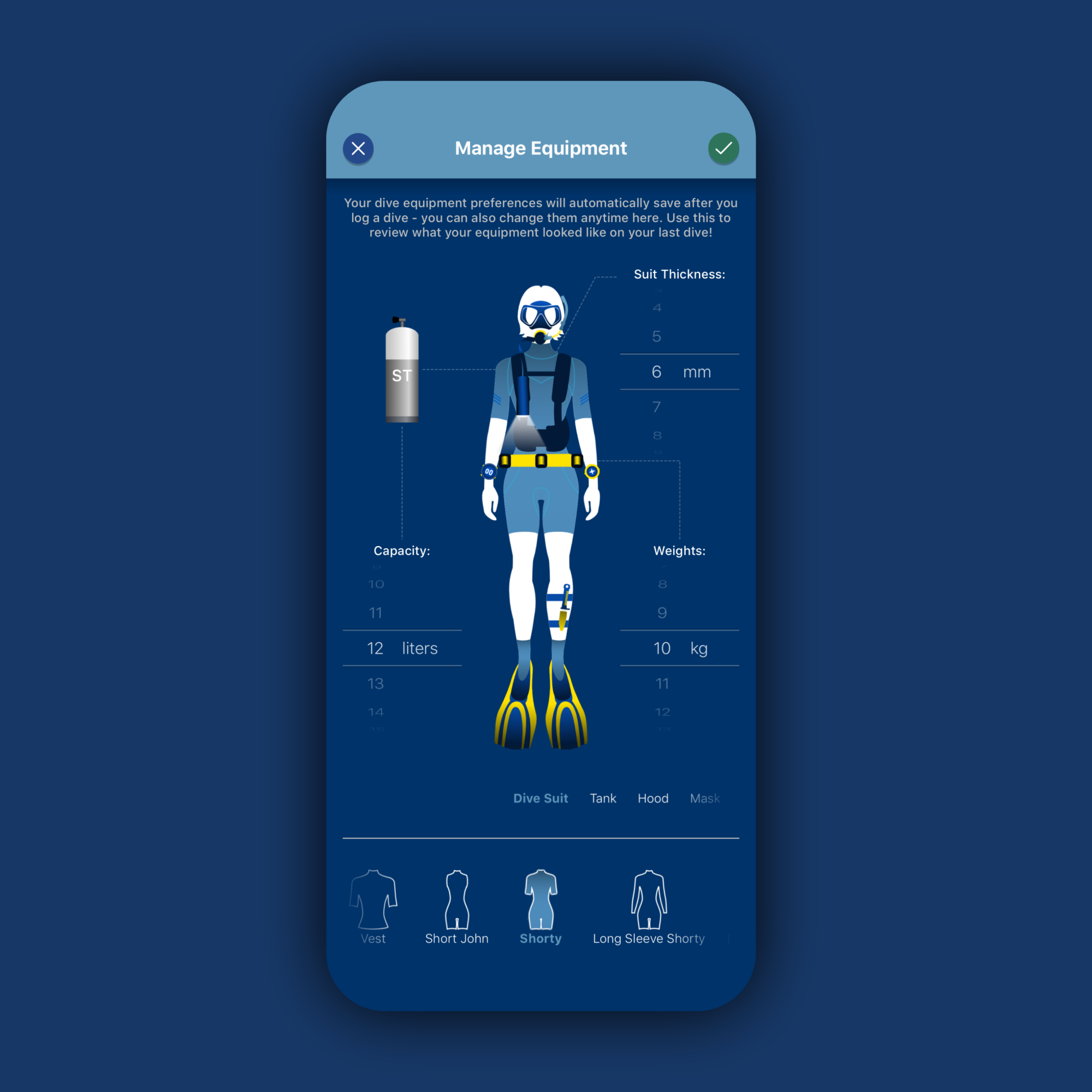 A digital display showing a scuba diving equipment management interface, including options for dive suit thickness, capacity in liters, and weights in kilograms, with illustrations of a diver suit, tank, hood, and mask.