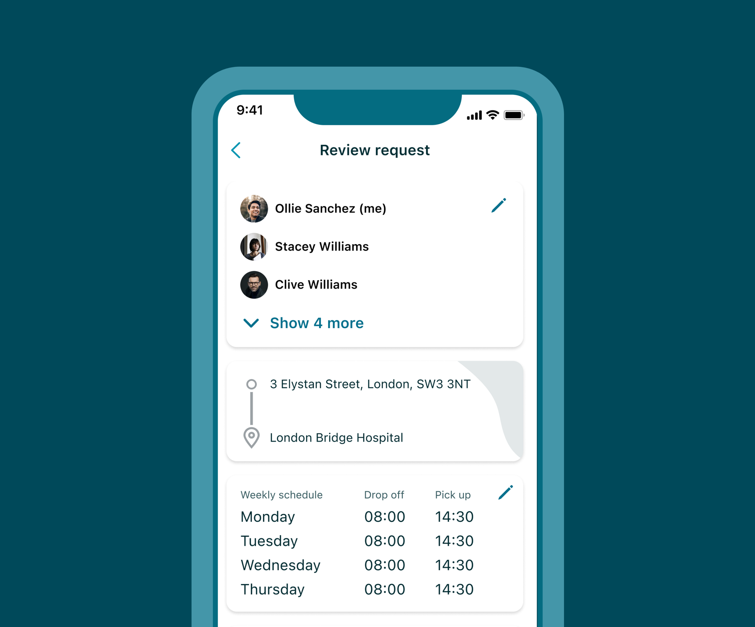 Screenshot of a mobile app showing a 'Review request' screen with details such as who the ride request is for, pick up and drop off locations and times.