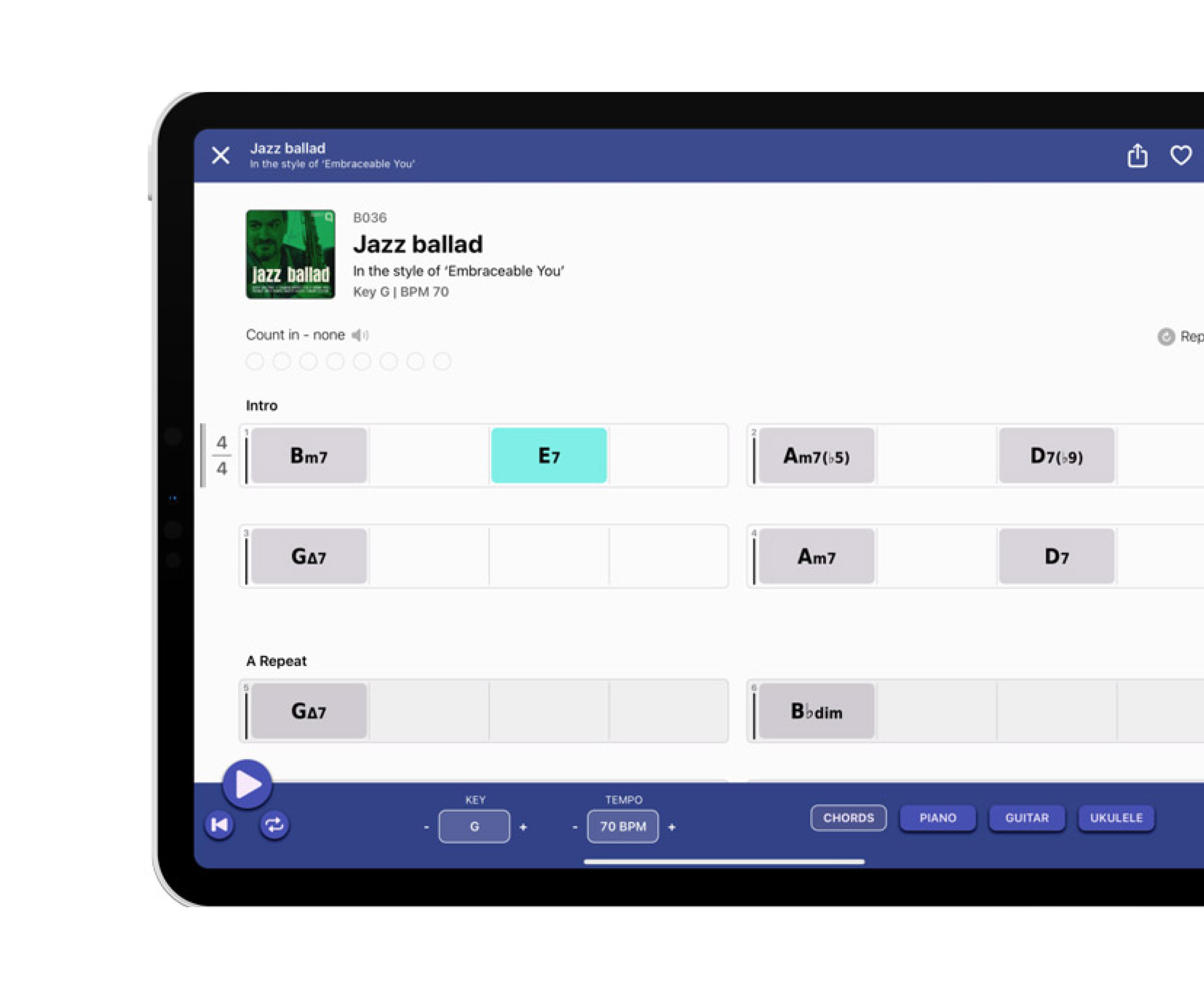 A digital screen displaying a music chord progression for a jazz ballad in the style of 'Embraceable You,' including chords like Bm7, E7, Am7, D7, G7, and Bdim, with controls for key, tempo, and instrument options at the bottom.
