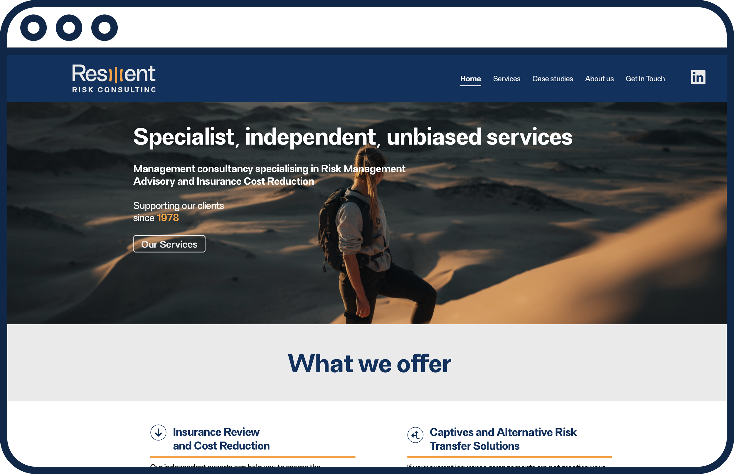 Screenshot of a website homepage for Resilient Risk Consulting, featuring a woman in outdoor gear standing on sand dunes during sunset, with the headline 'Specialist, independent, unbiased services' and navigation menu including Home, Services, Case studies, About us, and Get in Touch.