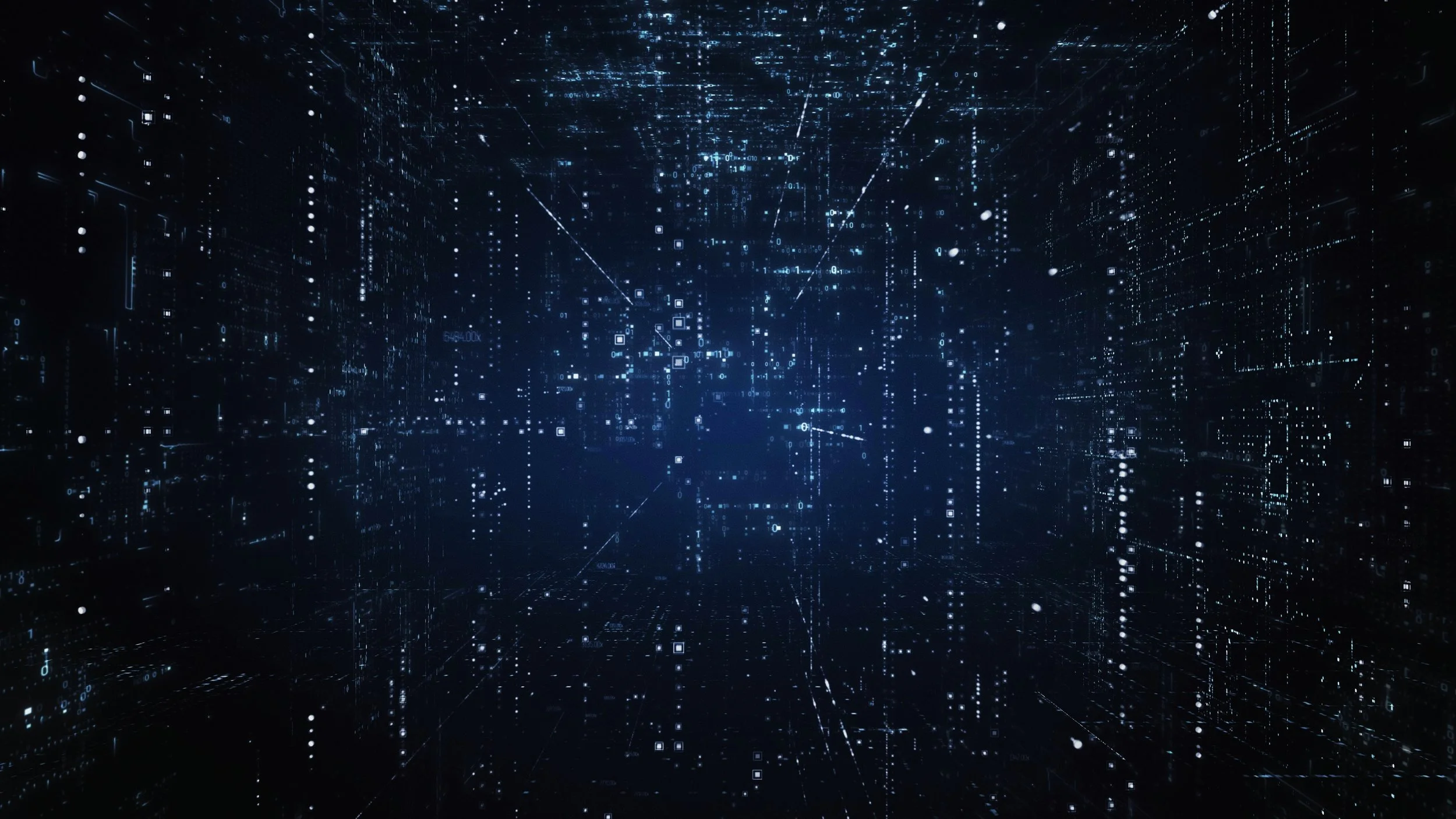 Dark abstract digital cityscape made of blue lights and data-like patterns, suggesting a fragmented media system.